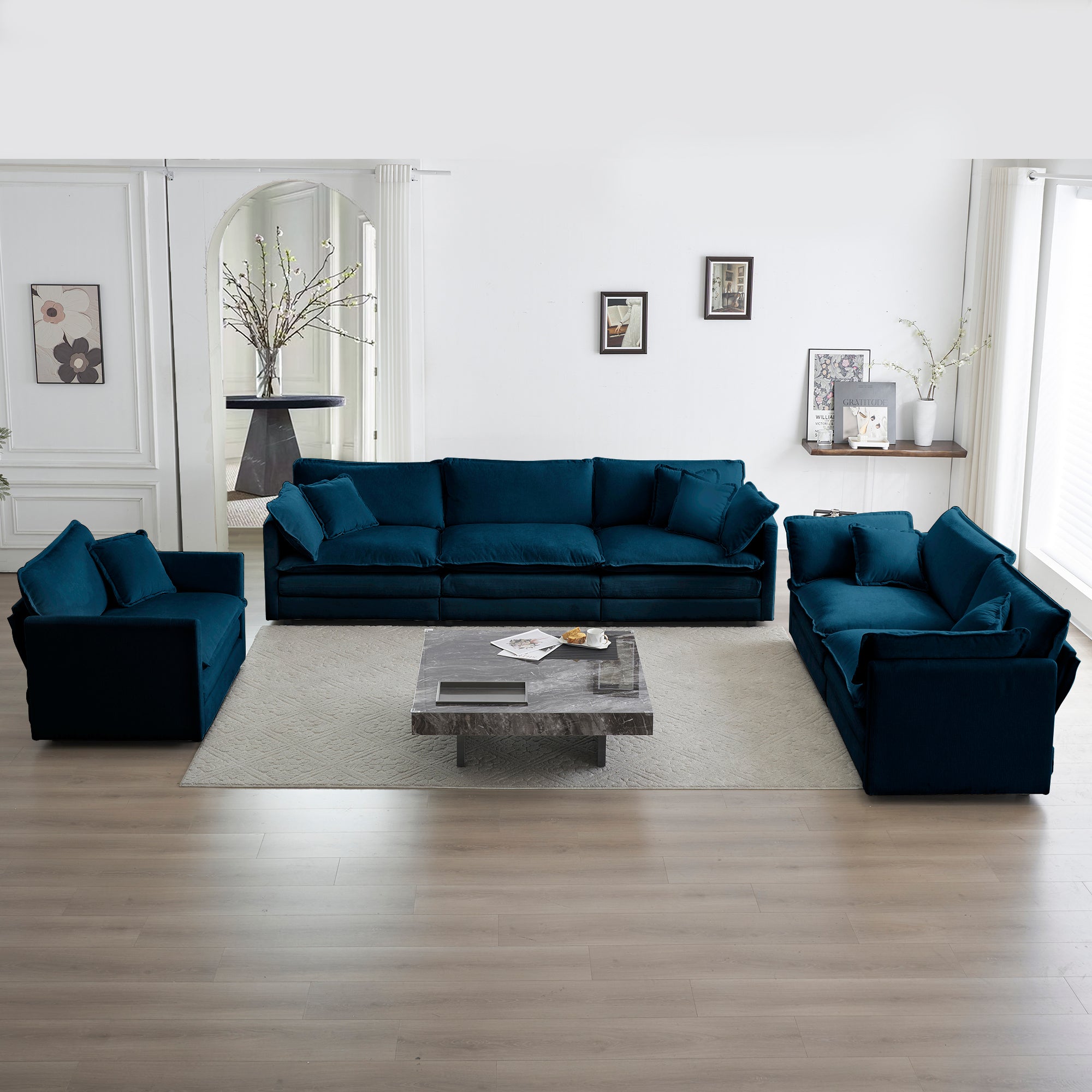 Blue Chenille Sectional Sofa: Deep Seating, 3-Piece Set