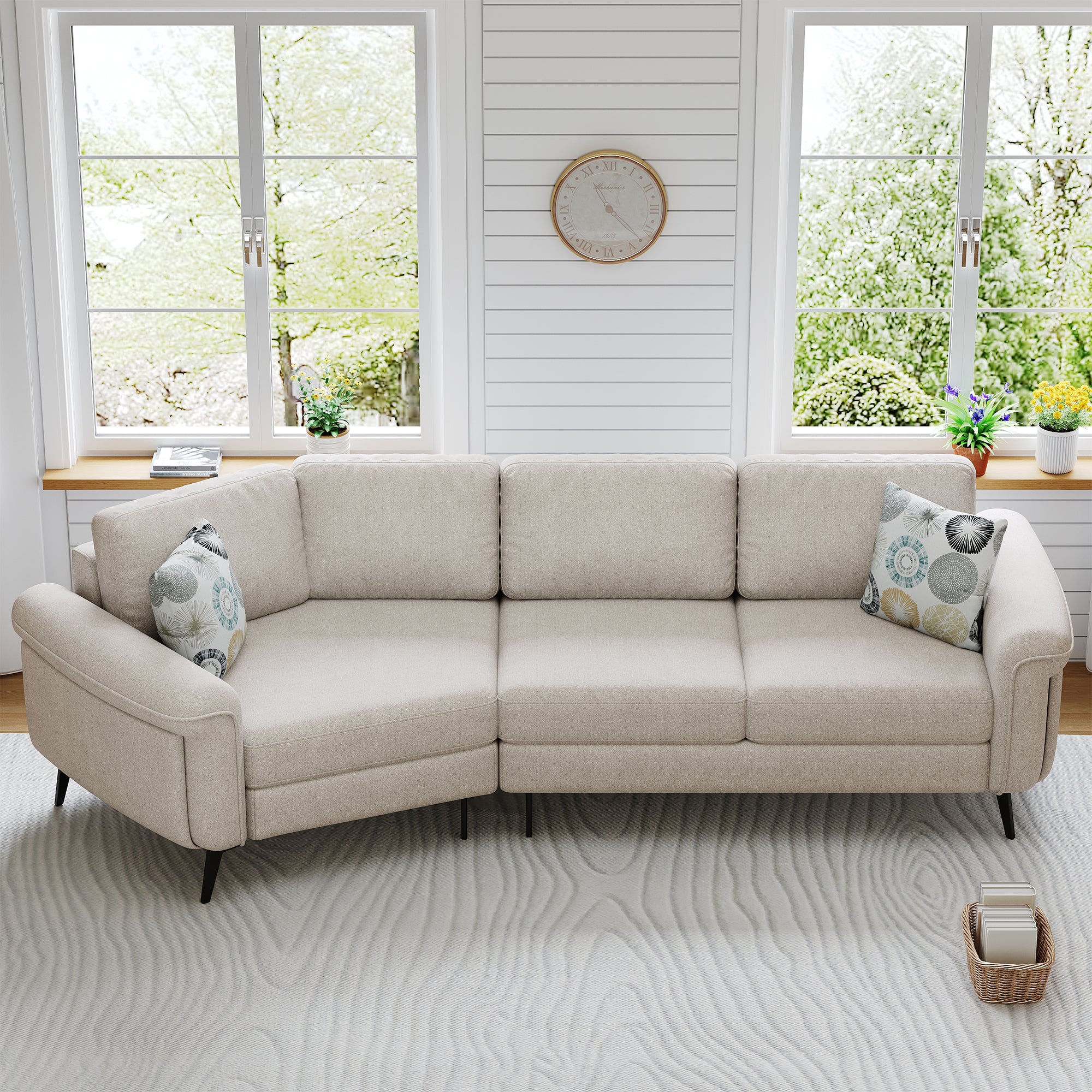 Beige Curved Sofa: 111" 3-Seater with Pillows