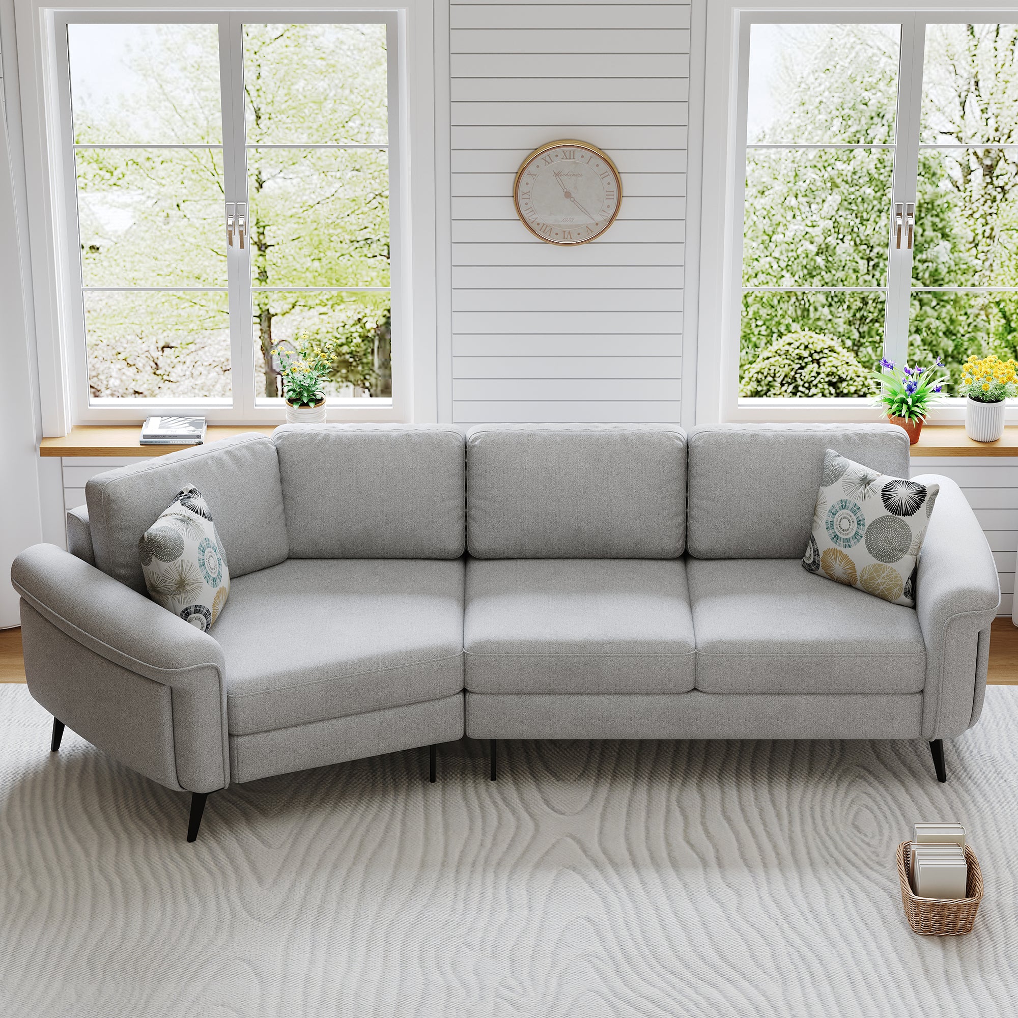 Curved Gray Sofa: 3-Seater Upholstered Couch