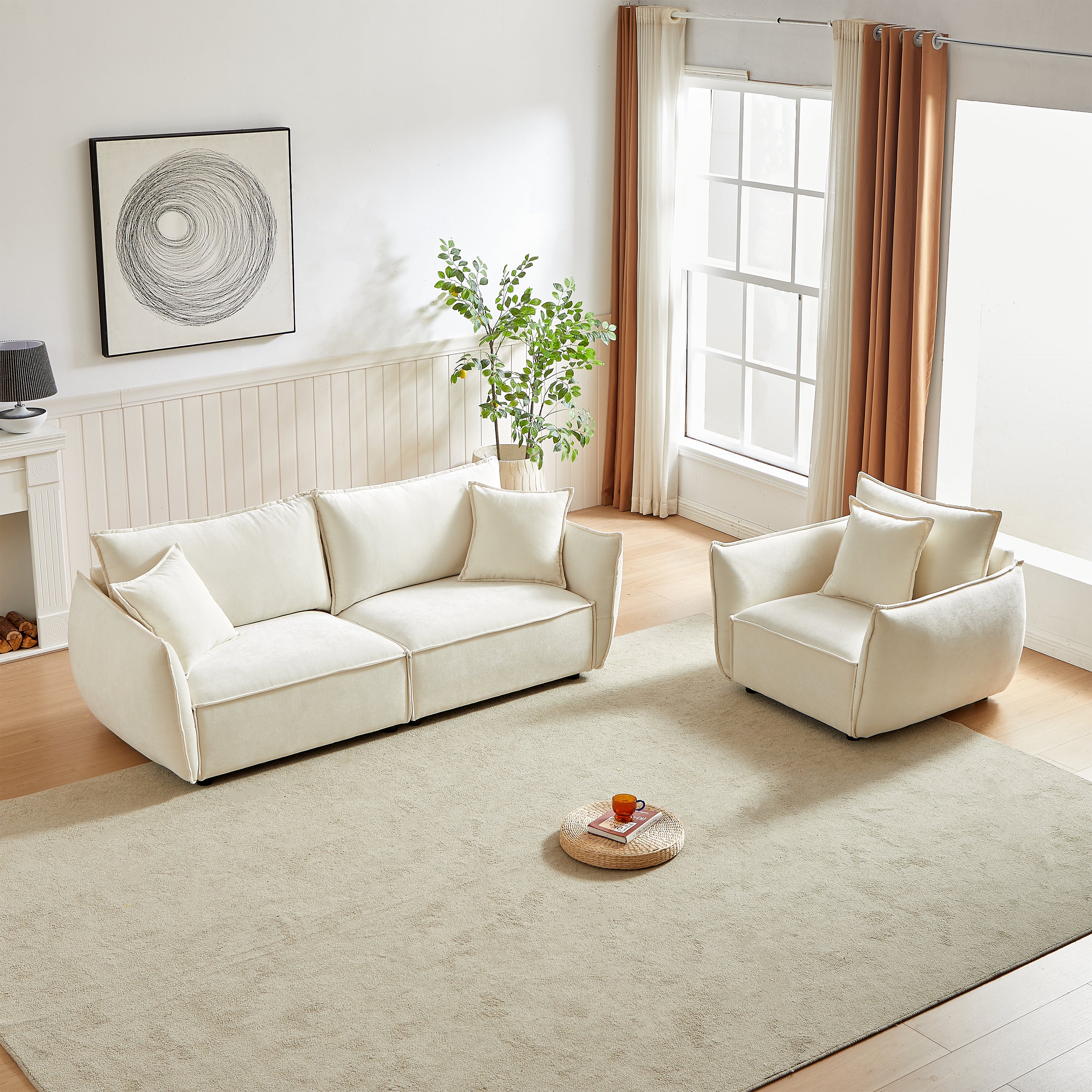 Modern 3+1 Seater Linen Sofa Set w/ Wooden Frame