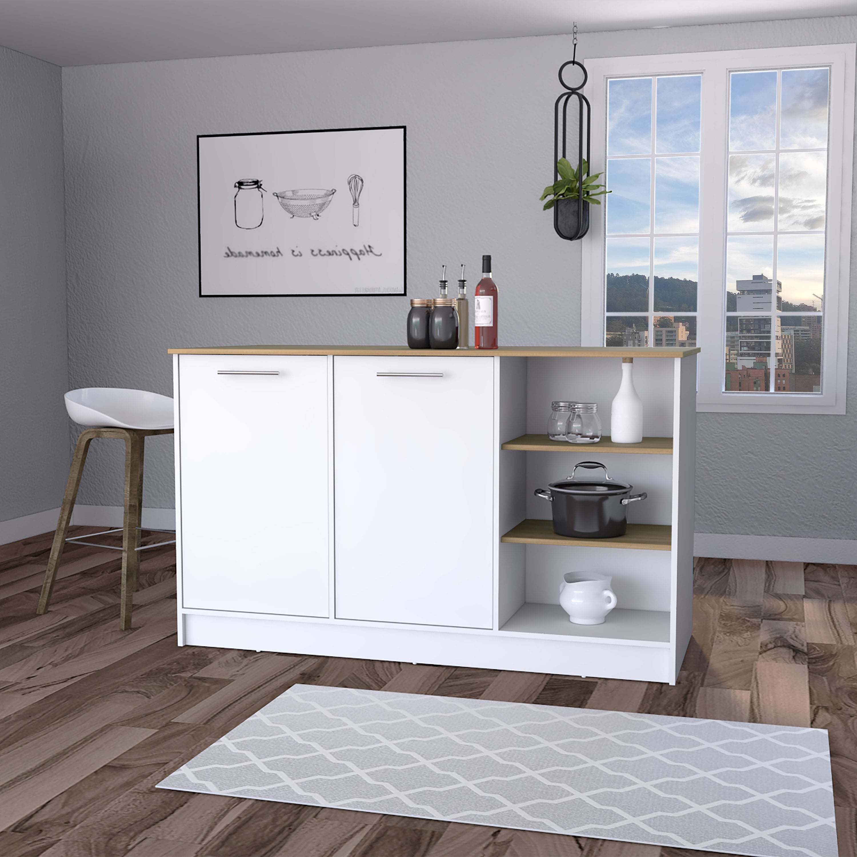 White Ash Kitchen Island: 2 Doors, 3 Shelves