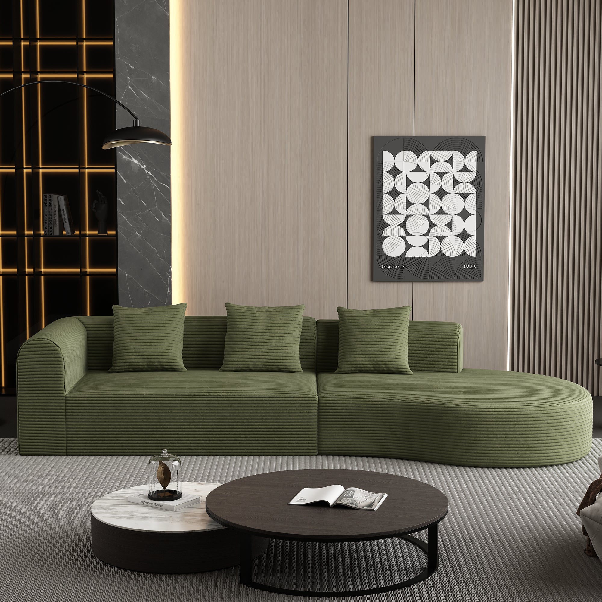Extra Large Modular Sofa: Green Corduroy, 123x37"