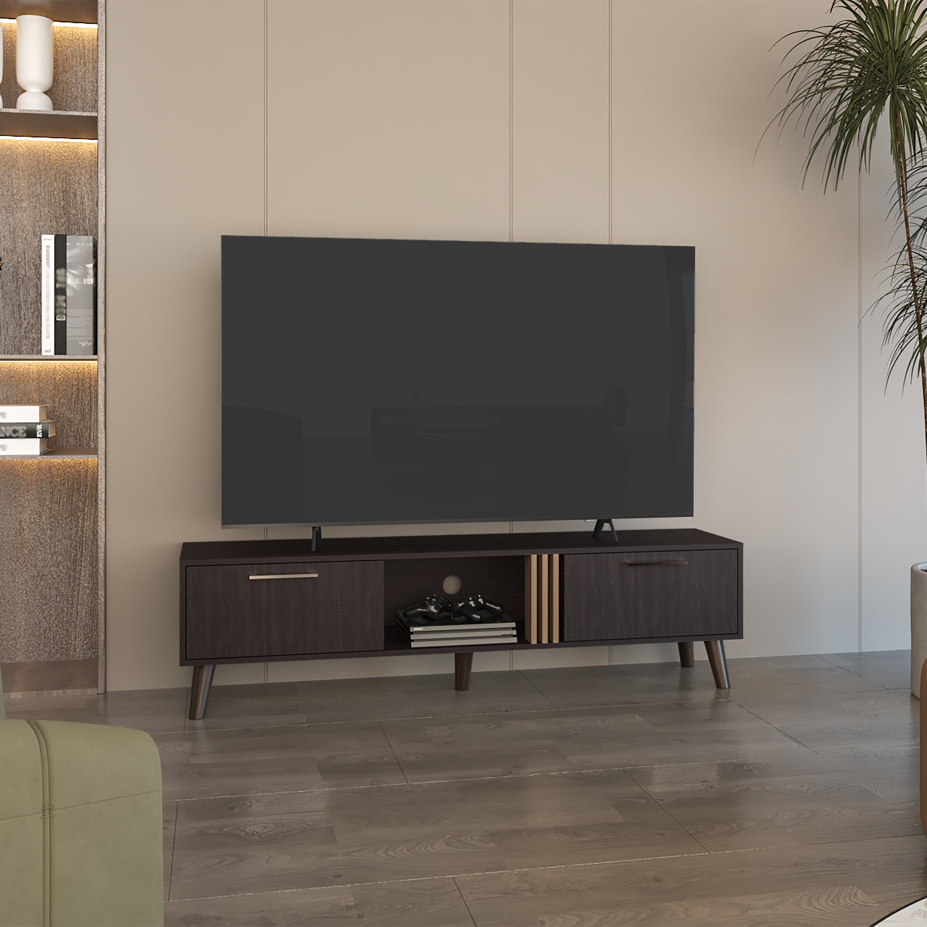 Vance 63" TV Stand w/ Cabinets & Shelves - Black/Oak