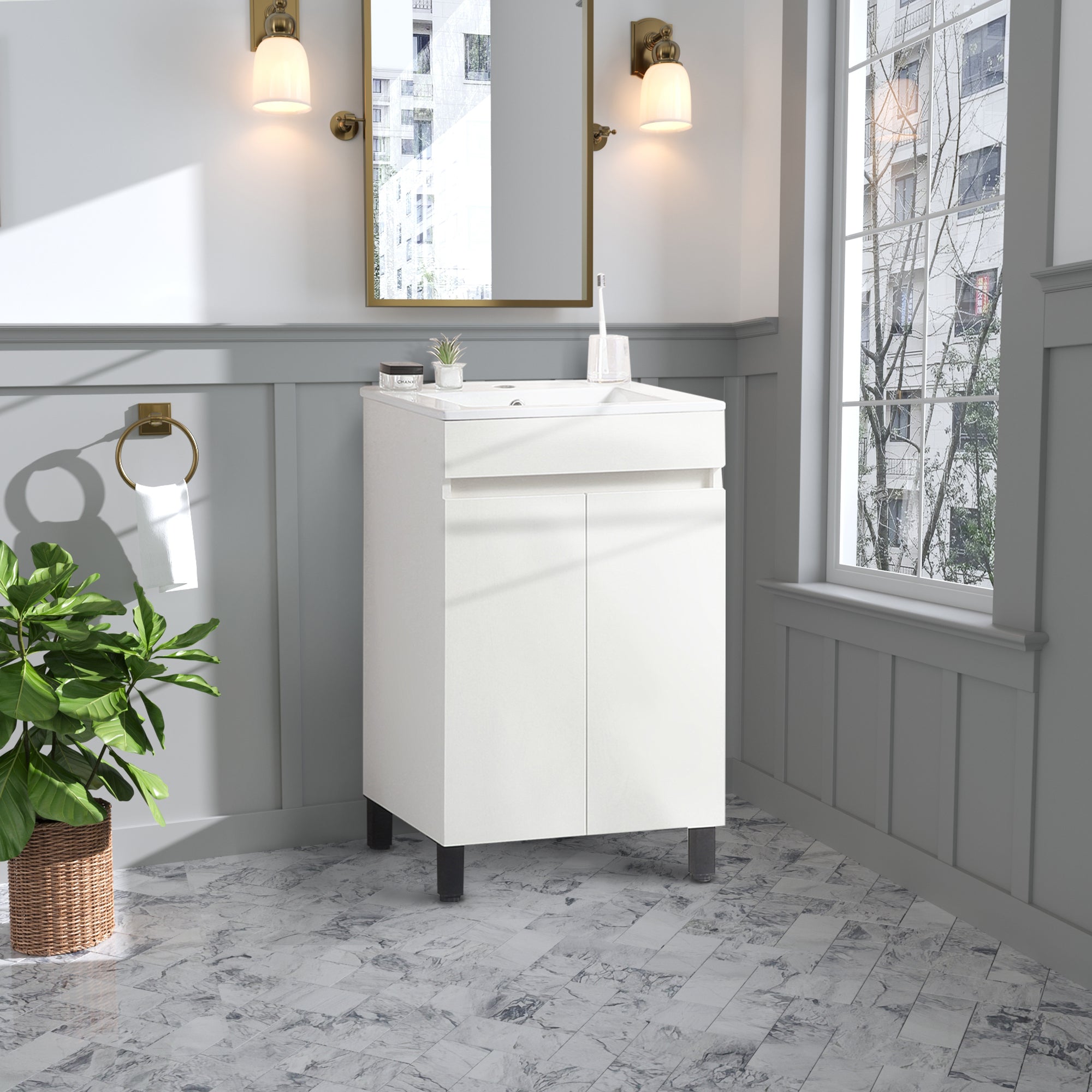 White Bathroom Vanity: Black Tripod Legs & Sink