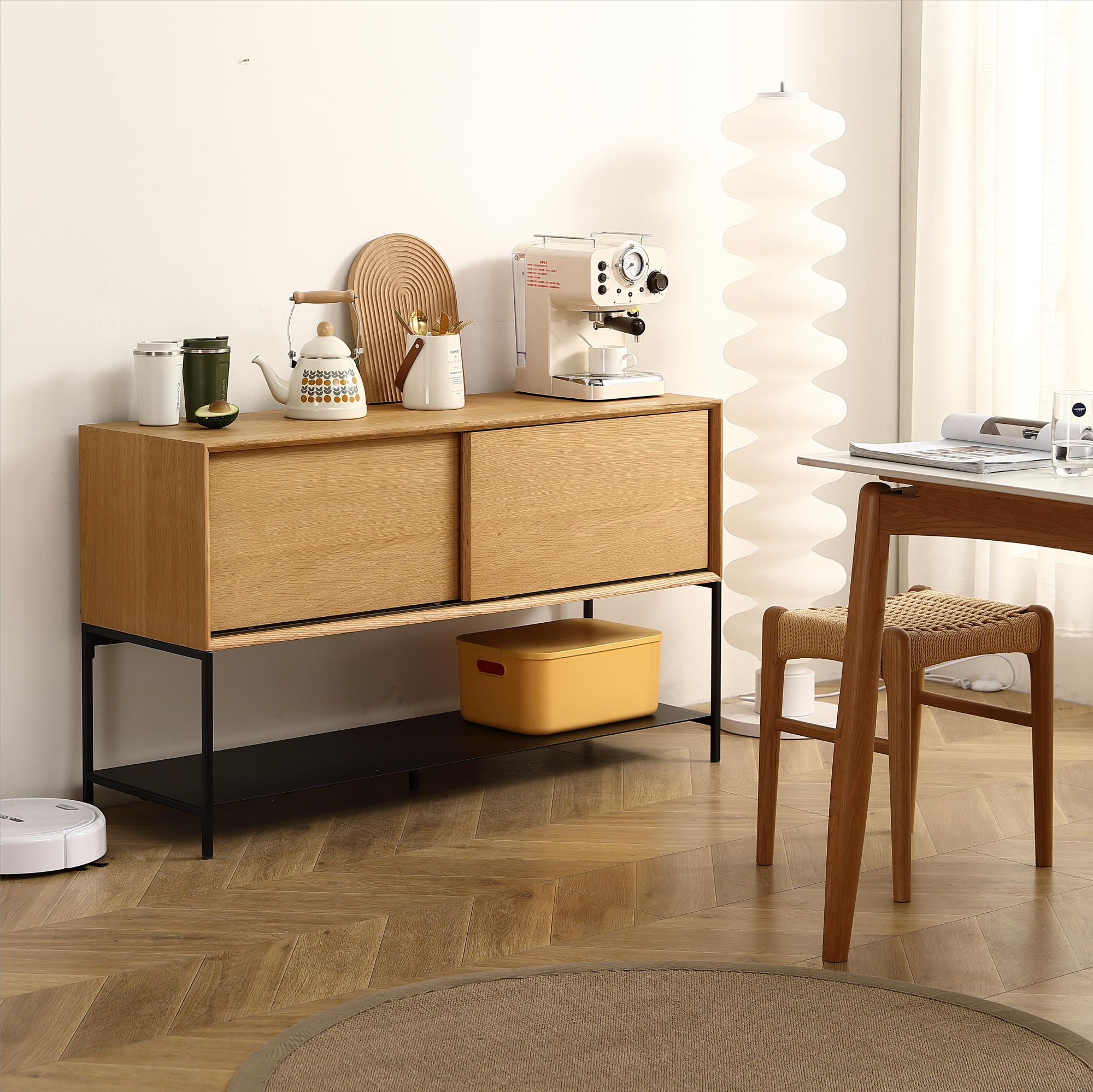 White Sideboard Buffet: 47" Sliding Door Cabinet
