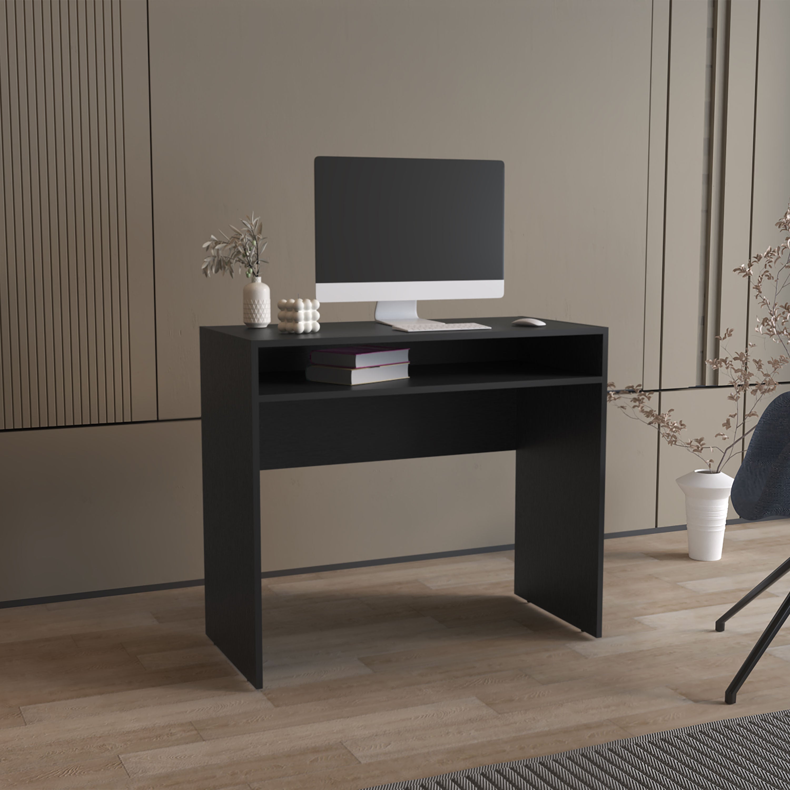Black Computer Desk with Shelf, 30.6" Height