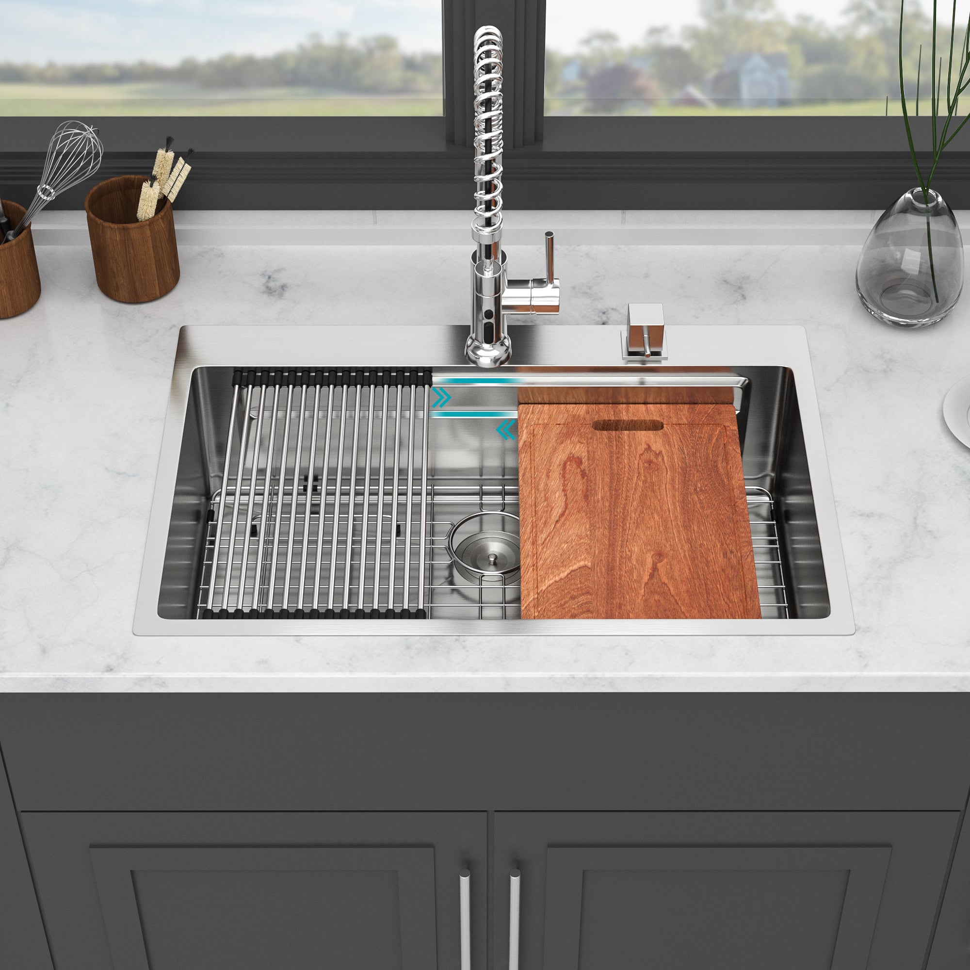 33" Drop-in Kitchen Sink: Stainless Steel Workstation