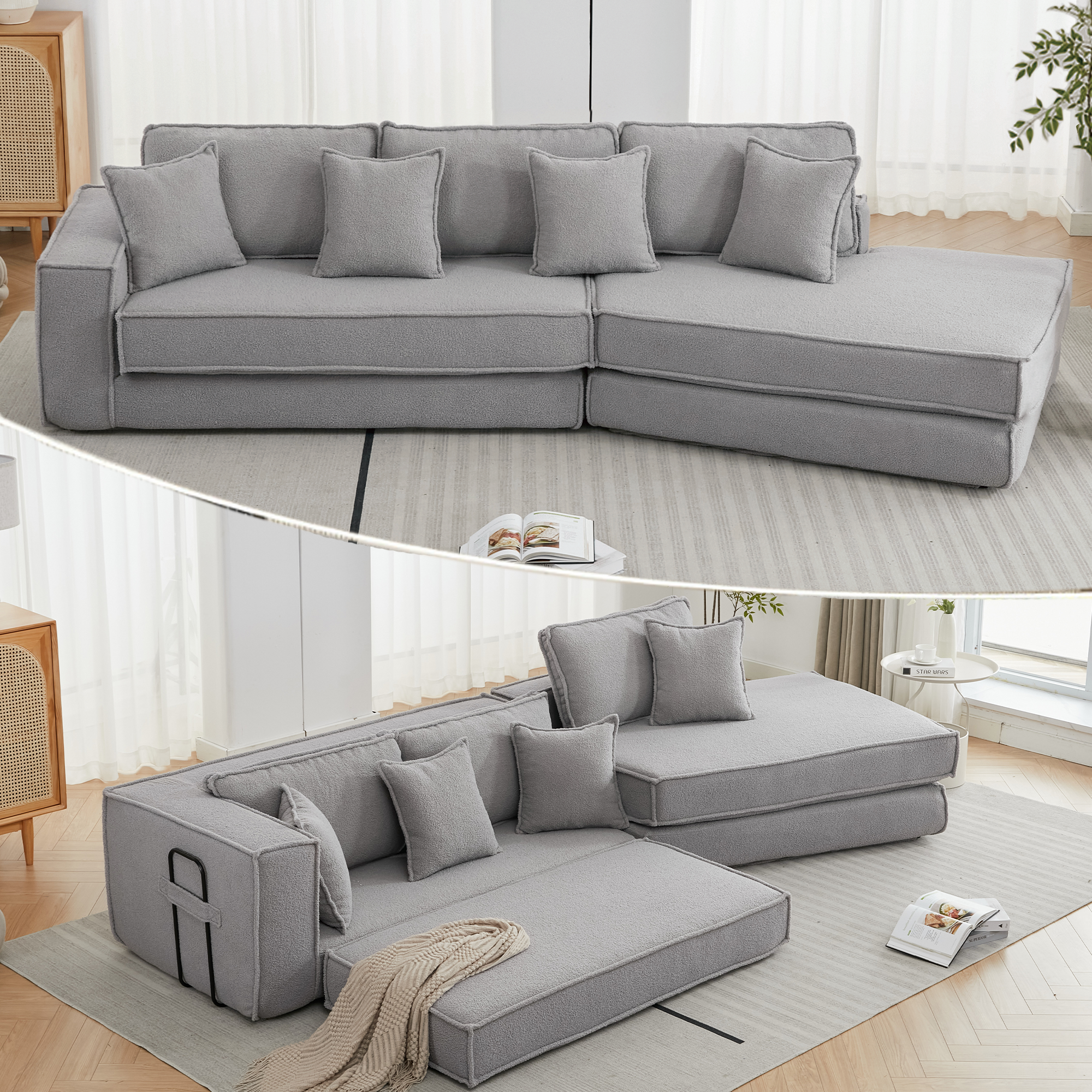 Gray Velvet Folding Sofa Bed: 3-Seater Sleeper