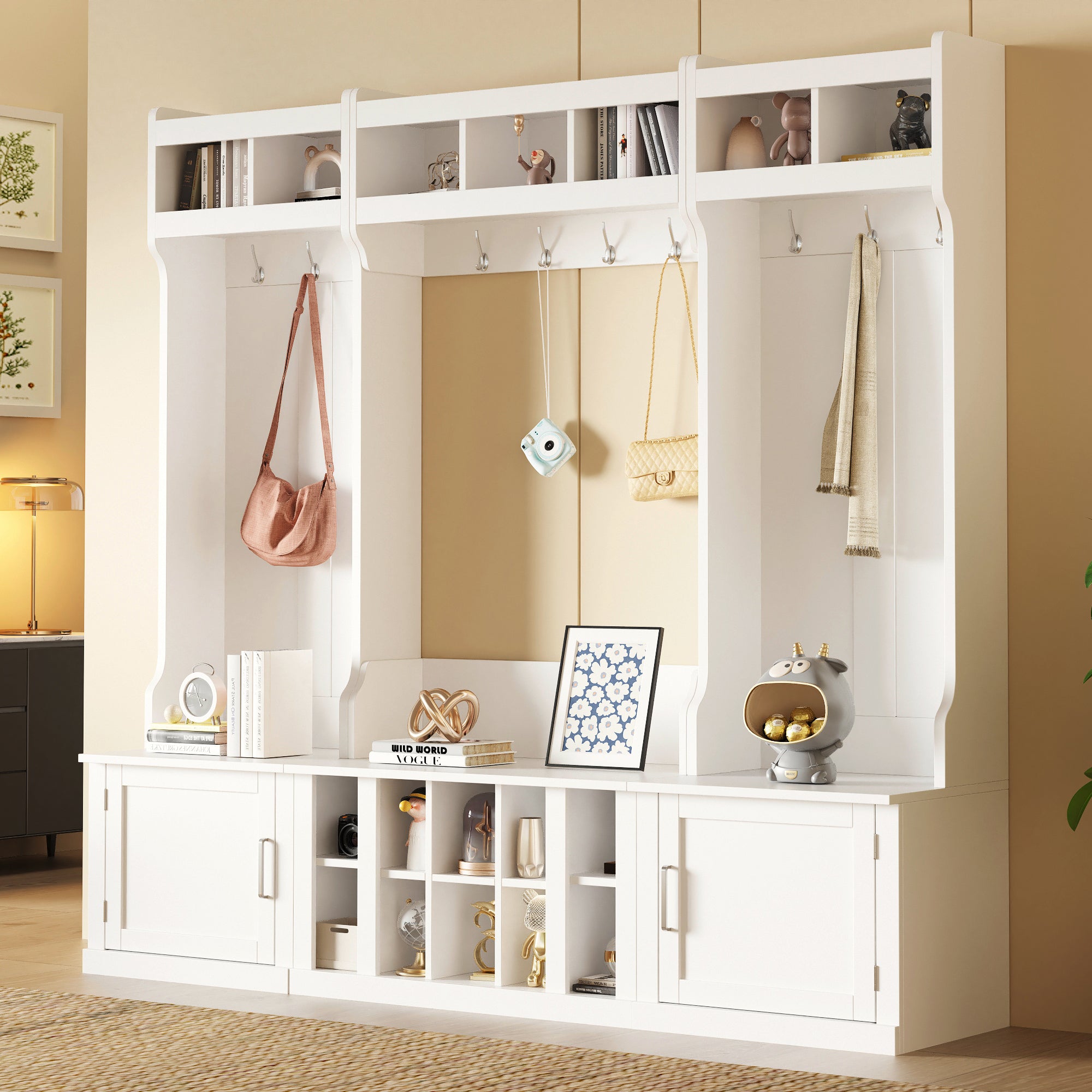 Wide Hall Tree with Storage Bench, Coat Rack & Shoe Cubbies - White