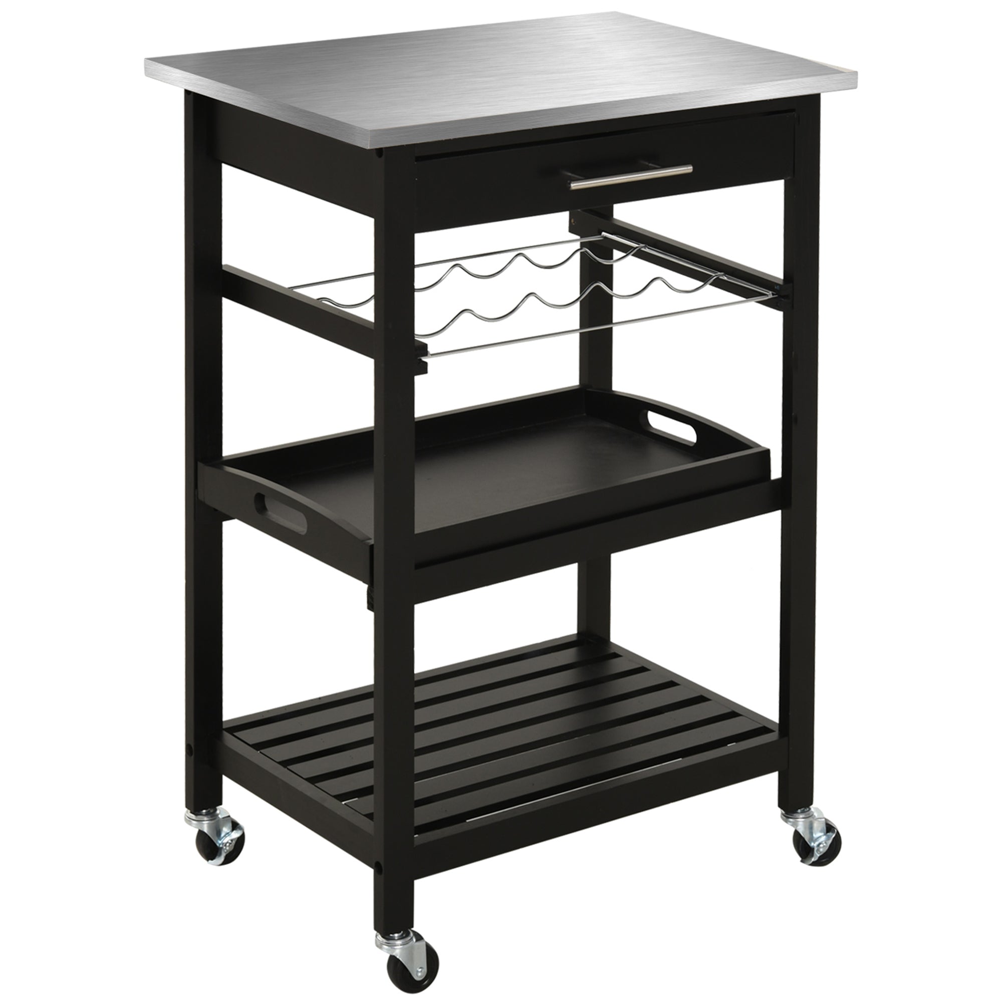 Kitchen Island Cart w/ Stainless Steel Top & Wine Rack