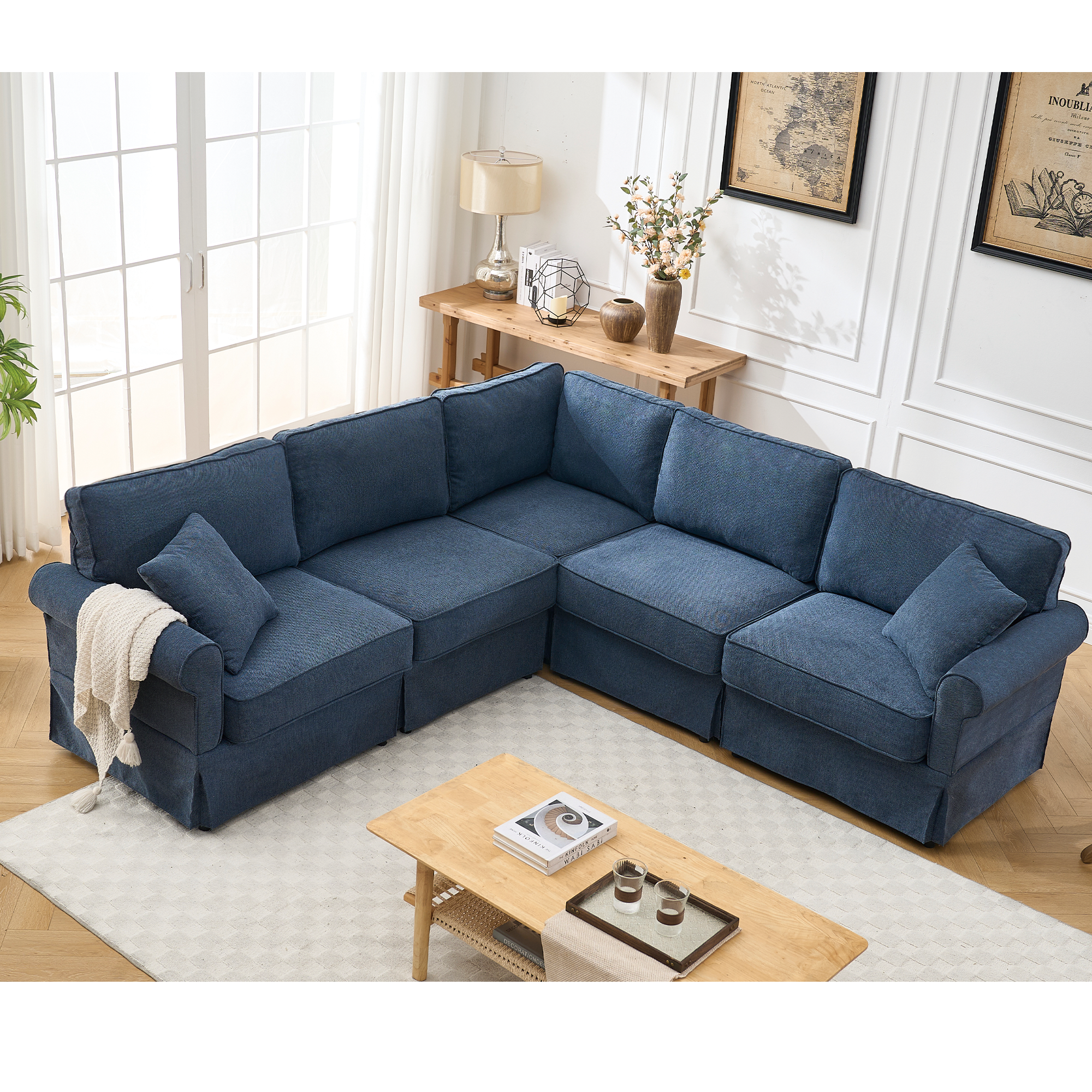 Modular Sectional Sofa: Dark Blue Linen, 5 Seats