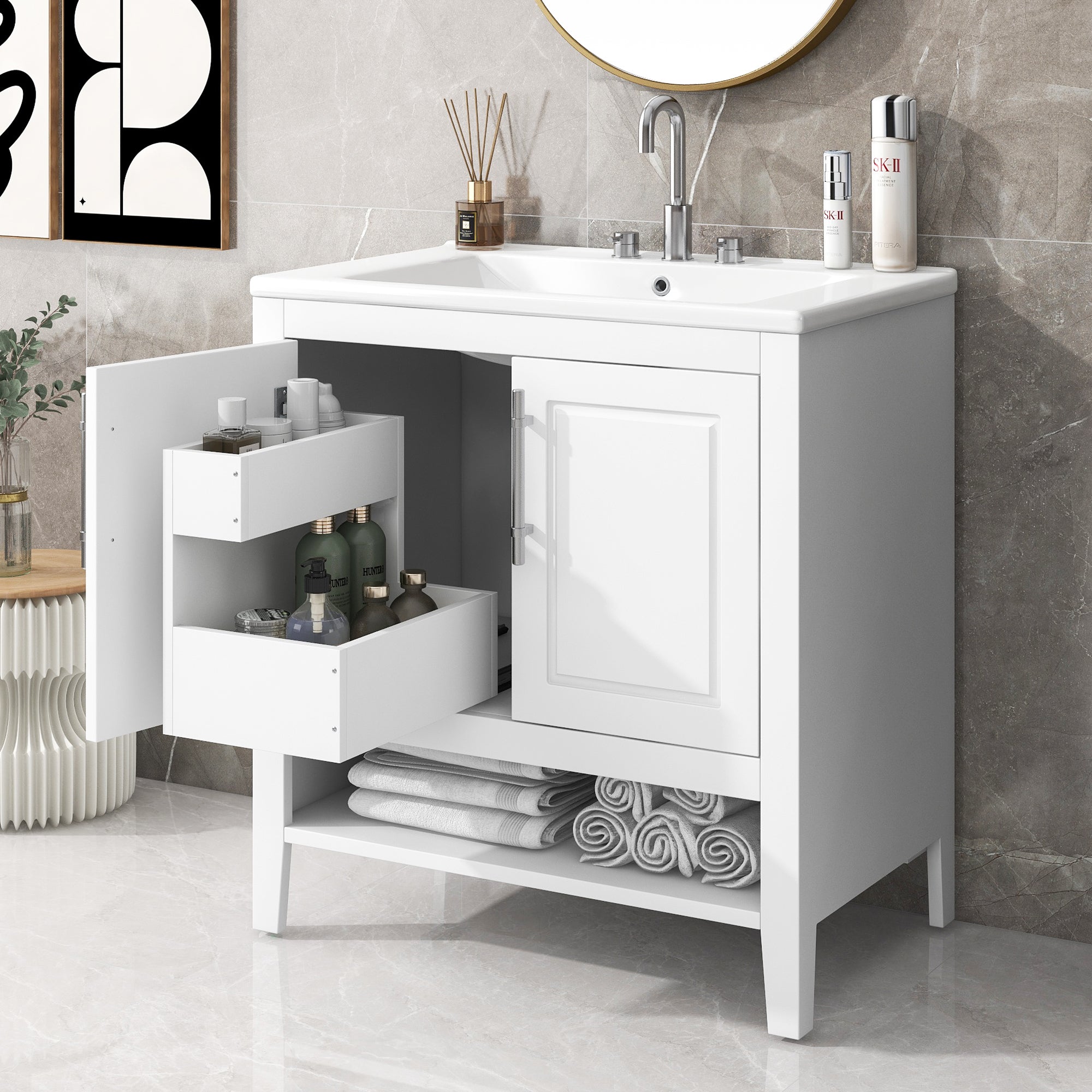 30" White Bathroom Vanity with Sink & Storage