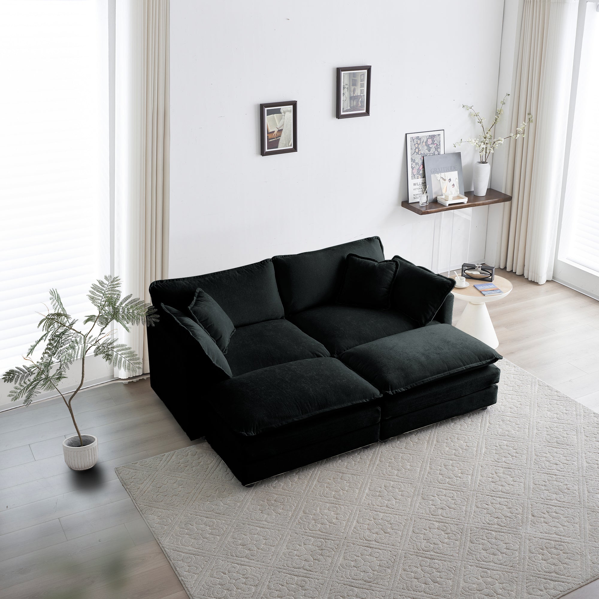 Black Chenille Sectional Sofa with Ottomans