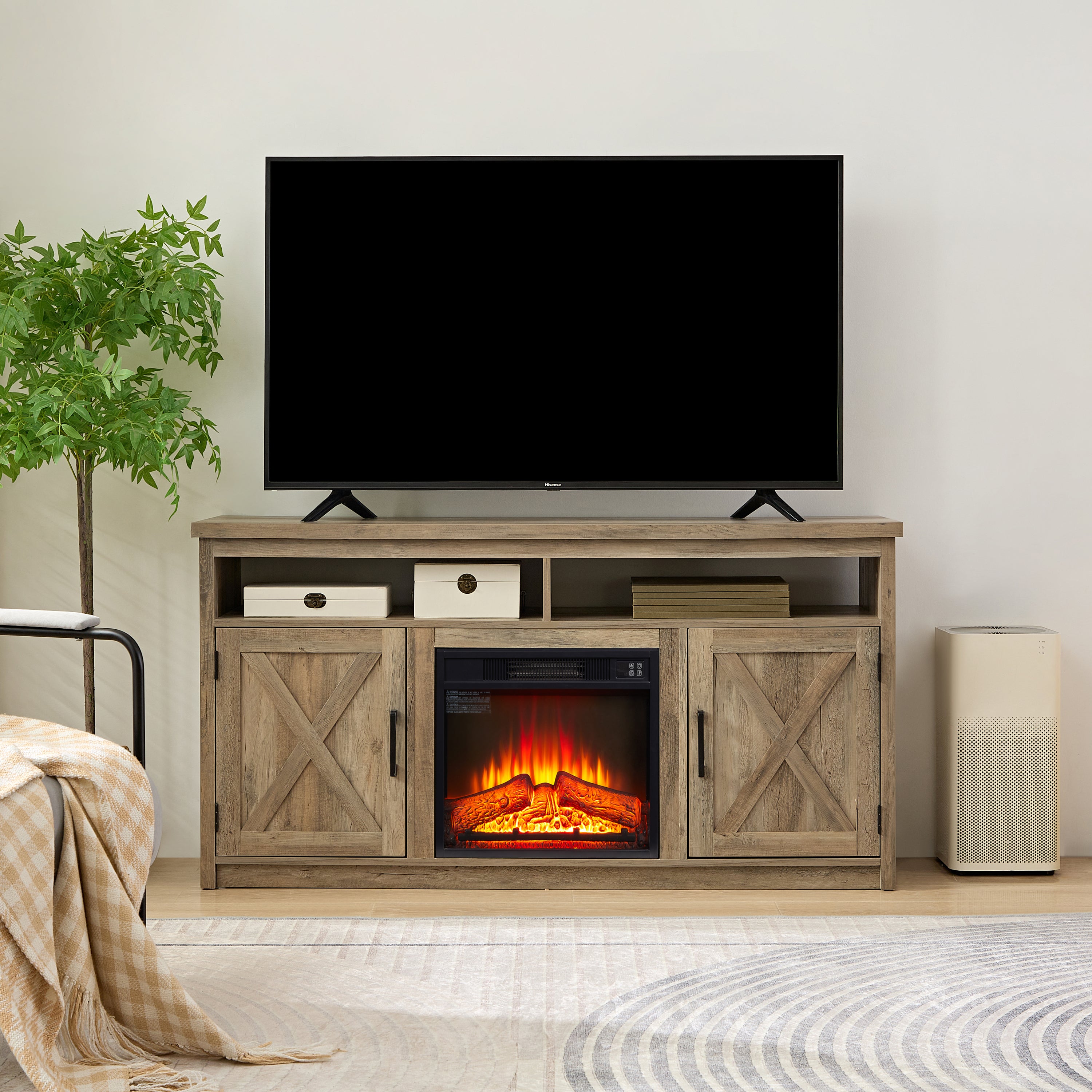 Farmhouse TV Stand w/ Fireplace | Gray Wash Media Console