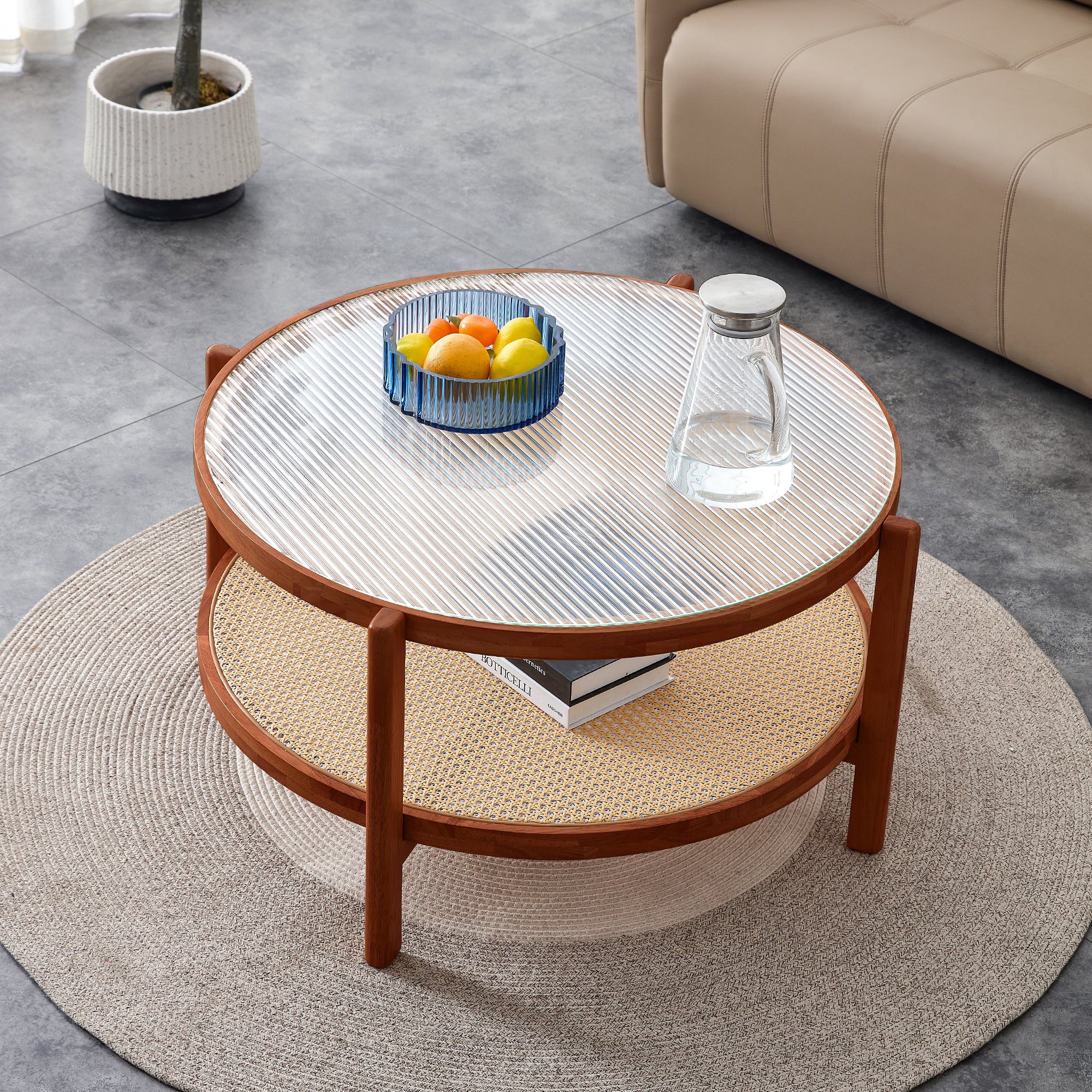 Modern Round Wood & Glass Coffee Table | Rattan Shelf