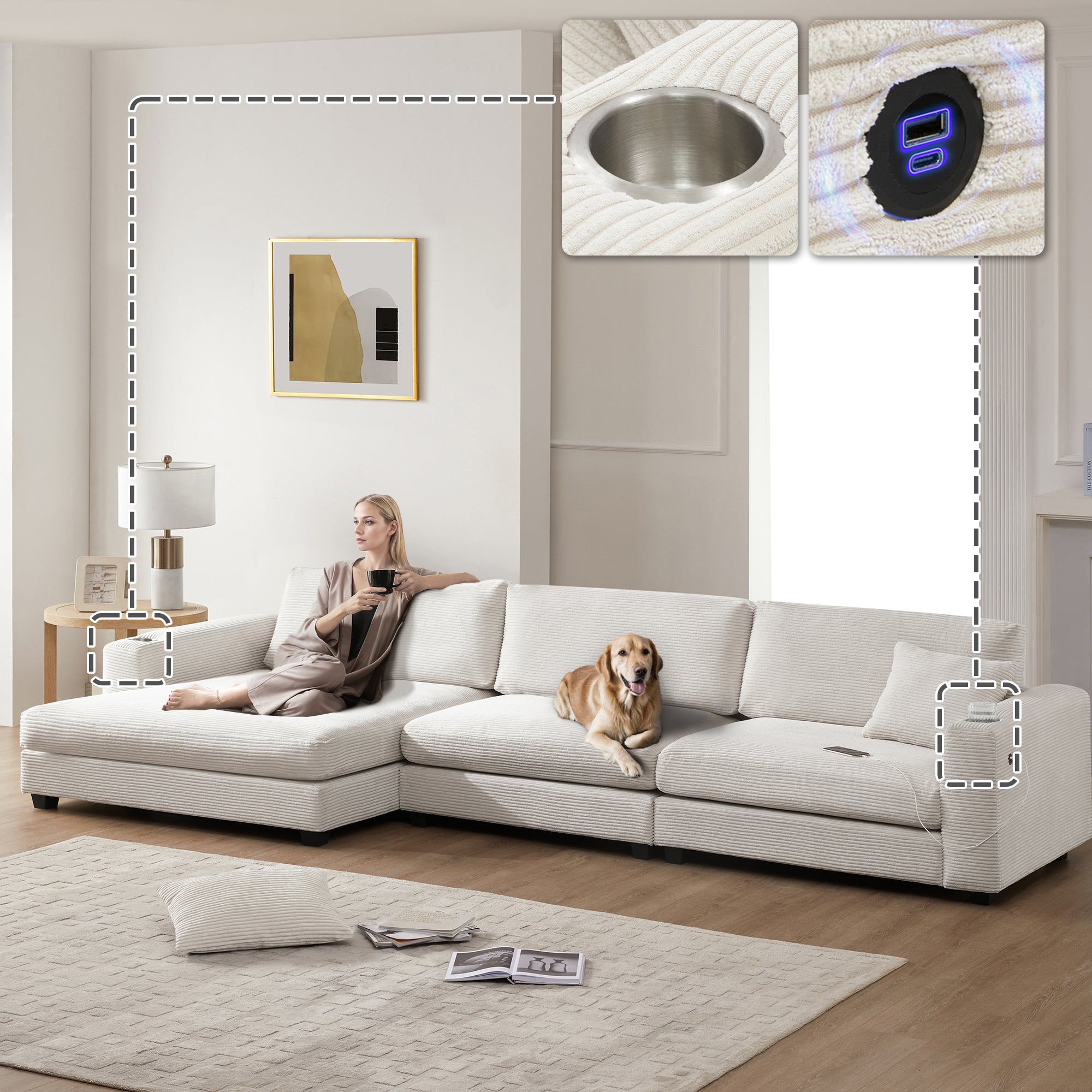 Oversized Corduroy Sectional Sofa w/ Chaise & USB