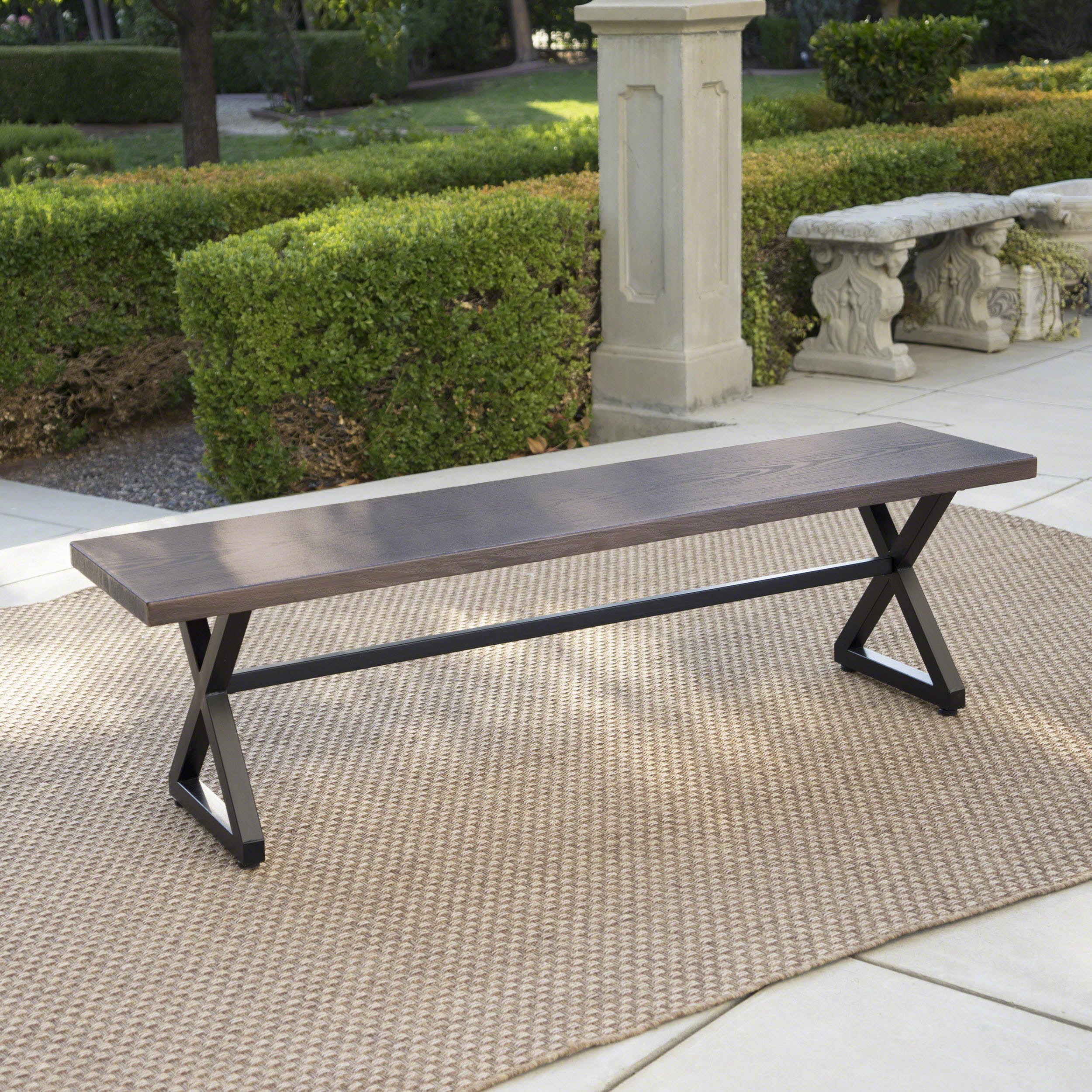 Aluminum Outdoor Dining Bench: Brown/Black Steel Frame