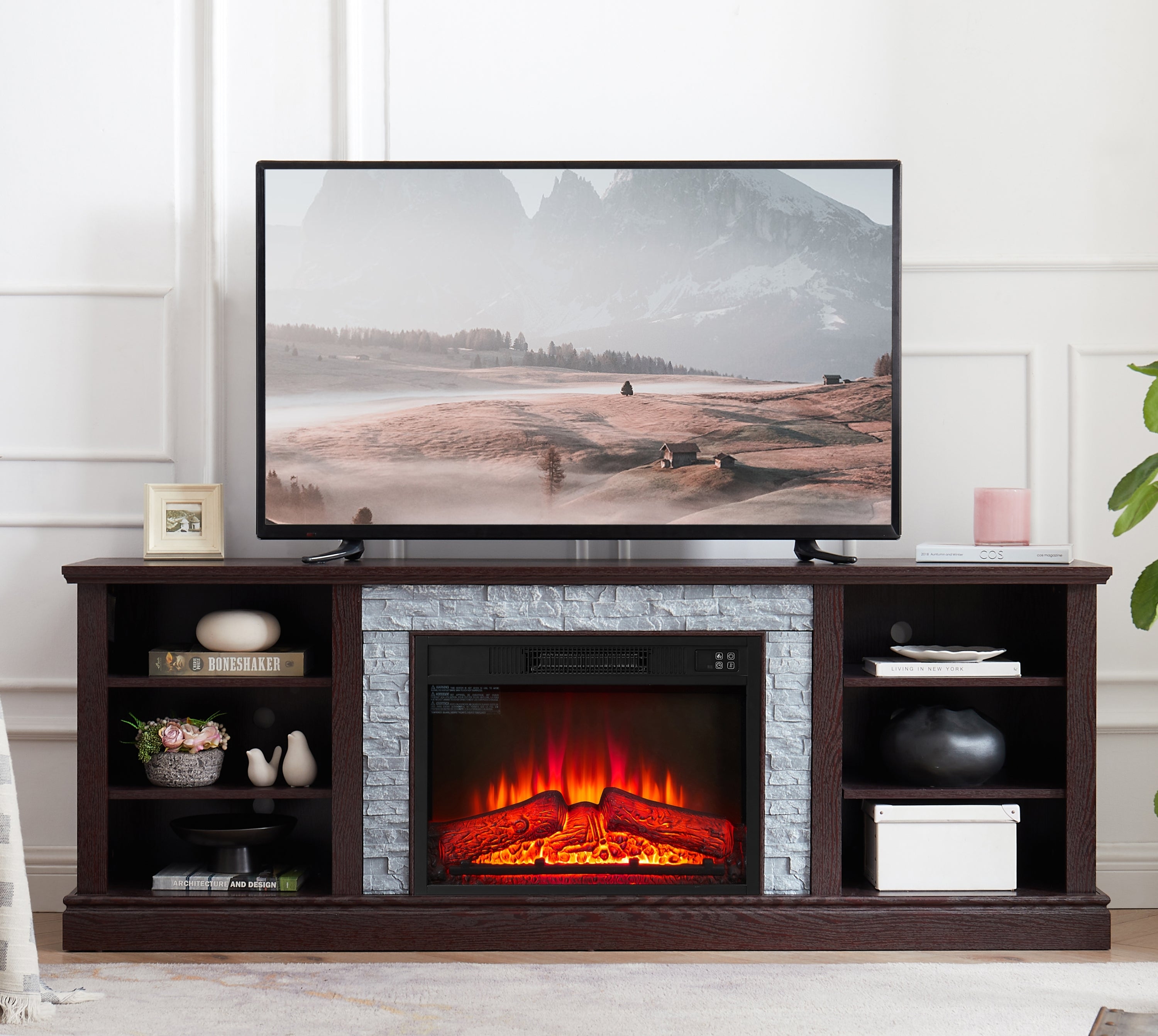 70" TV Stand with Fireplace, Storage & Stone Surround - Cherry
