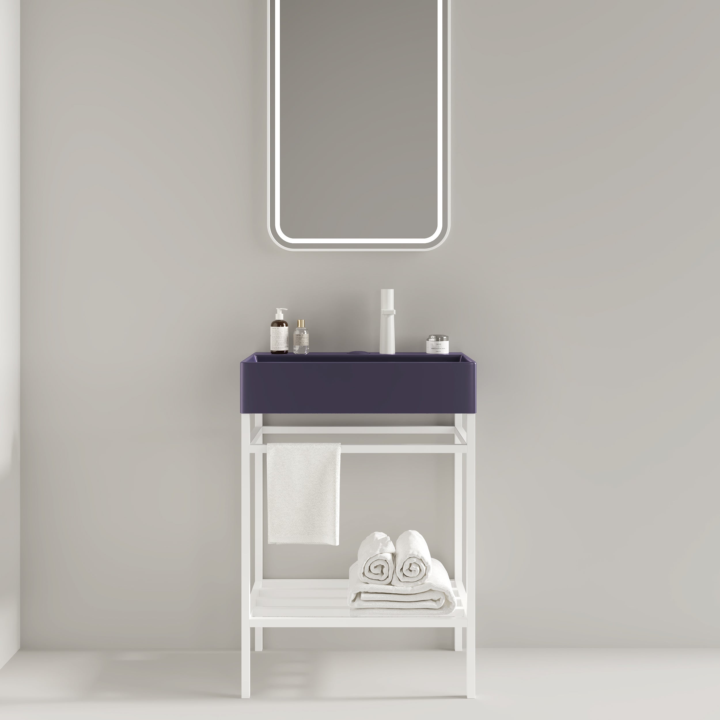 LOFI Purple Vanity: Ceramic Basin & Open Shelves