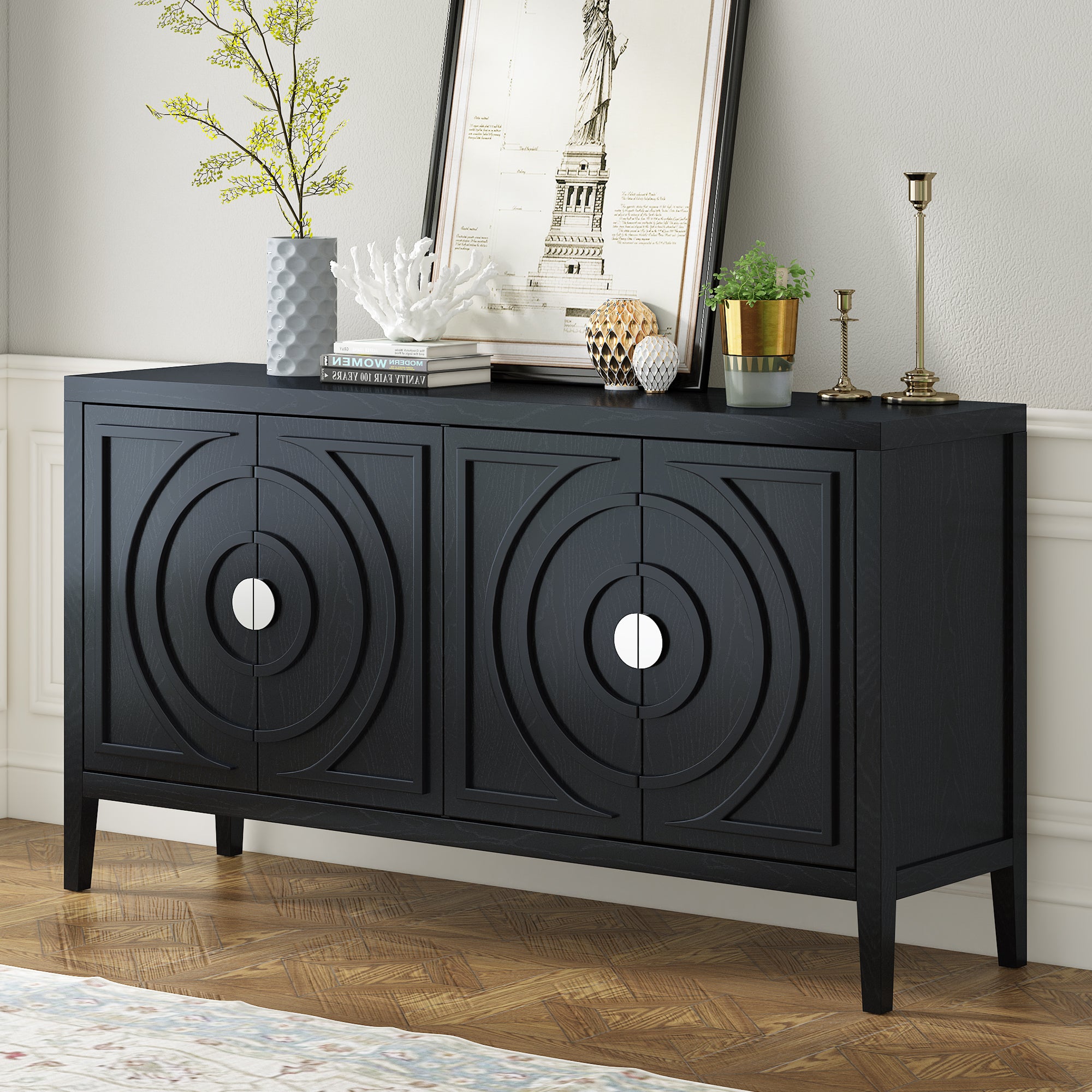 Retro Sideboard: Circular Groove & Metal Handle