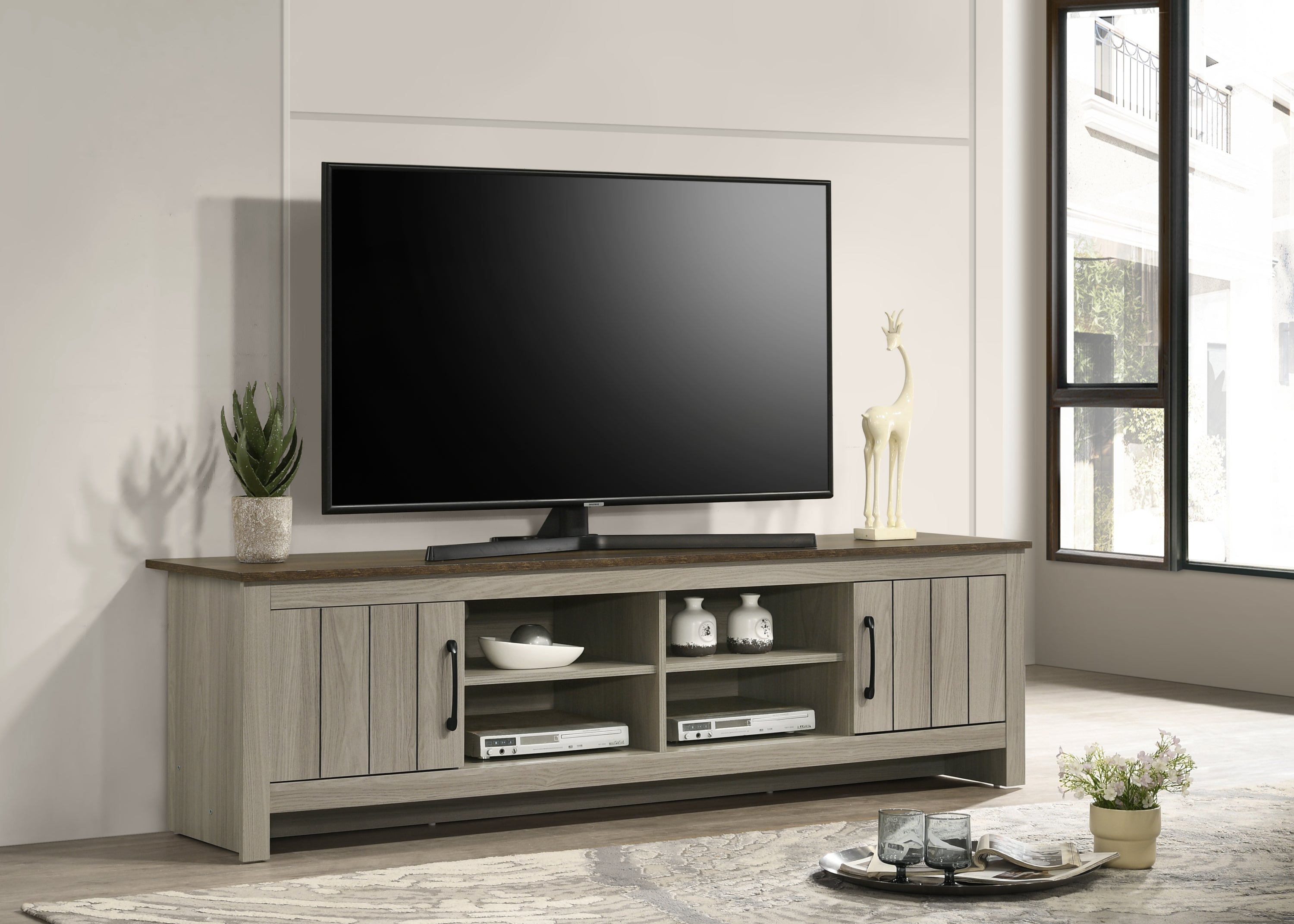 Nyla 68.5" Gray Oak TV Stand w/Shelves & Doors