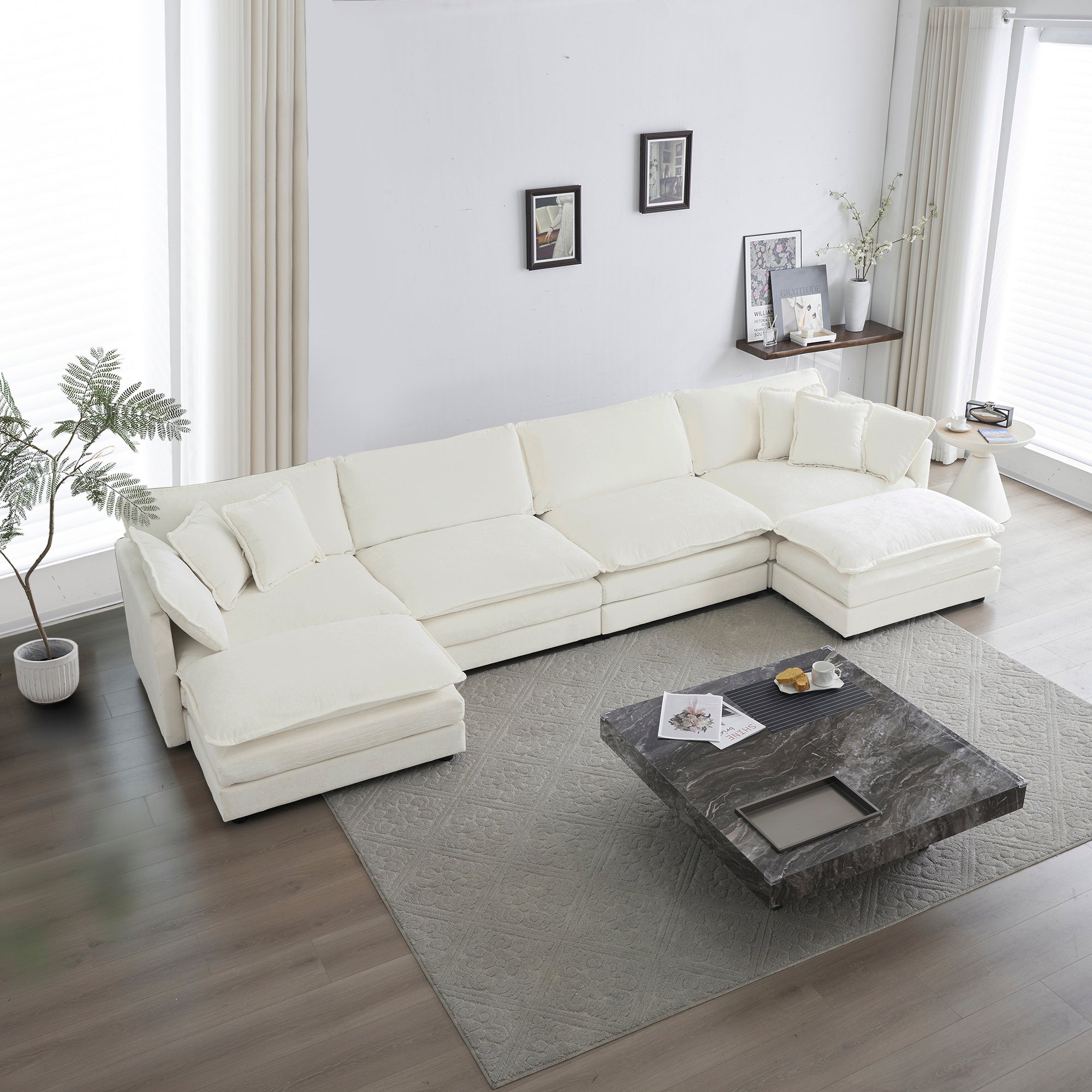 U-Shaped Sectional Sofa w/ Chaise & Ottomans (White)