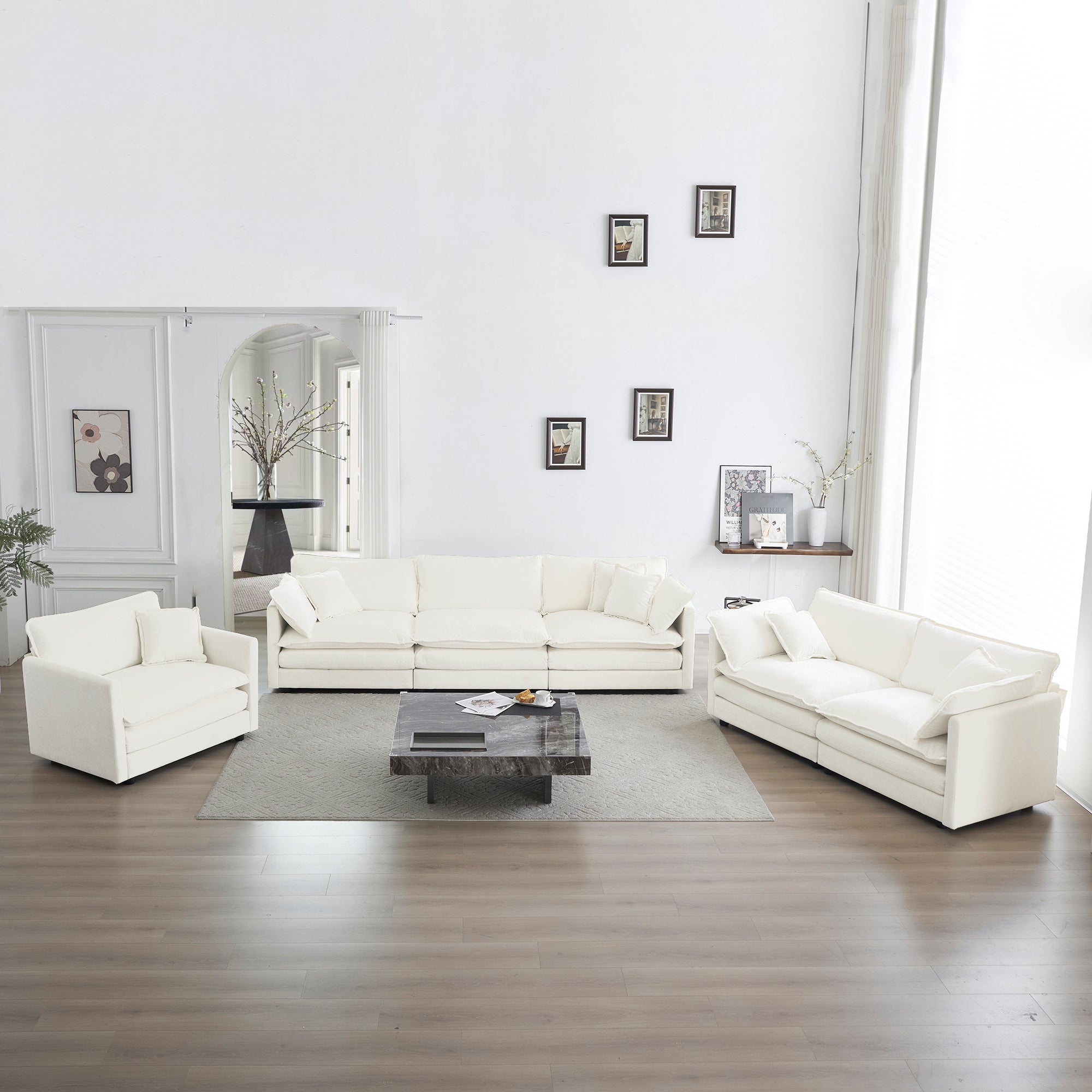 Modern White Chenille Sectional Sofa Set