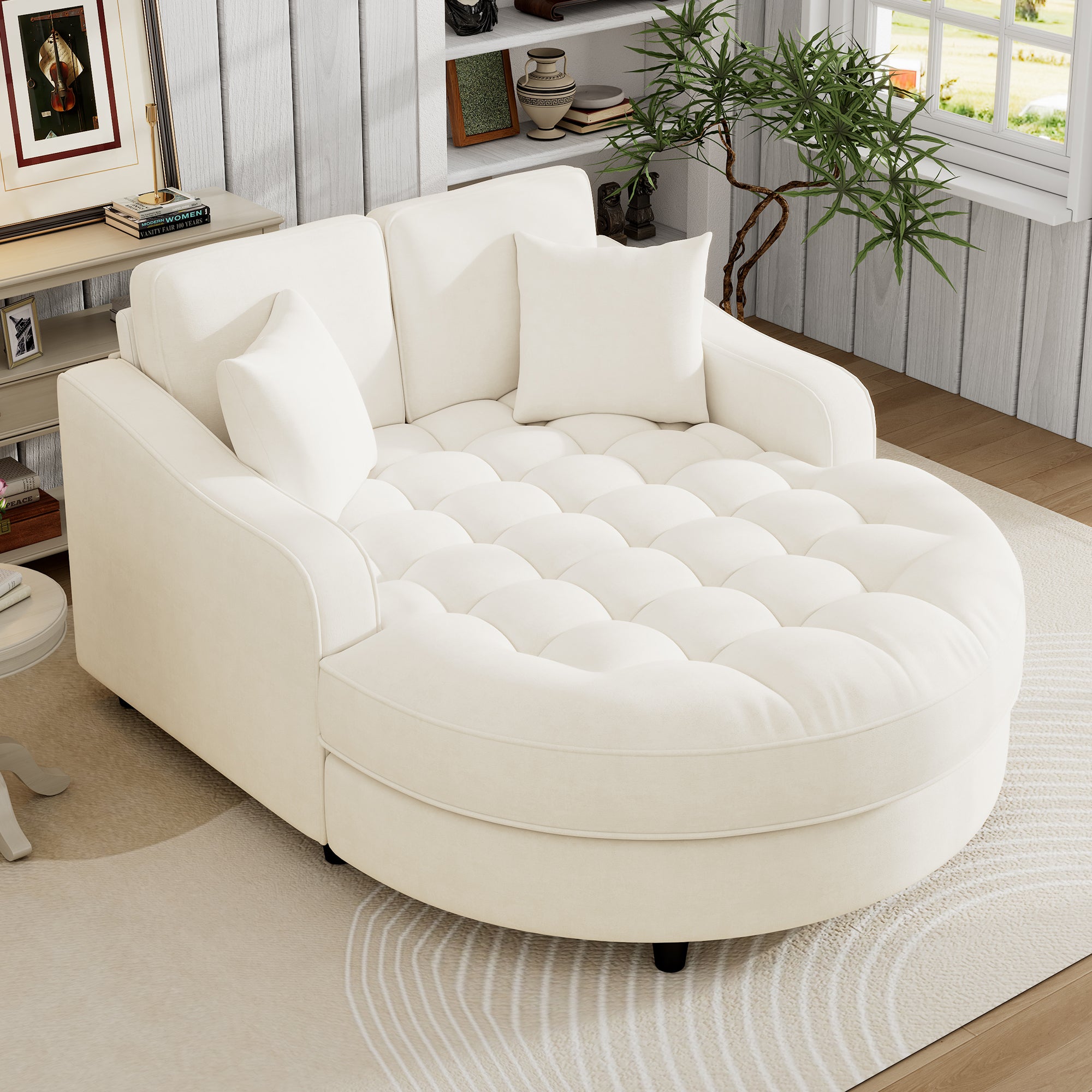 Modern Chaise Lounge Sofa Bed: Beige Tufted Sofa