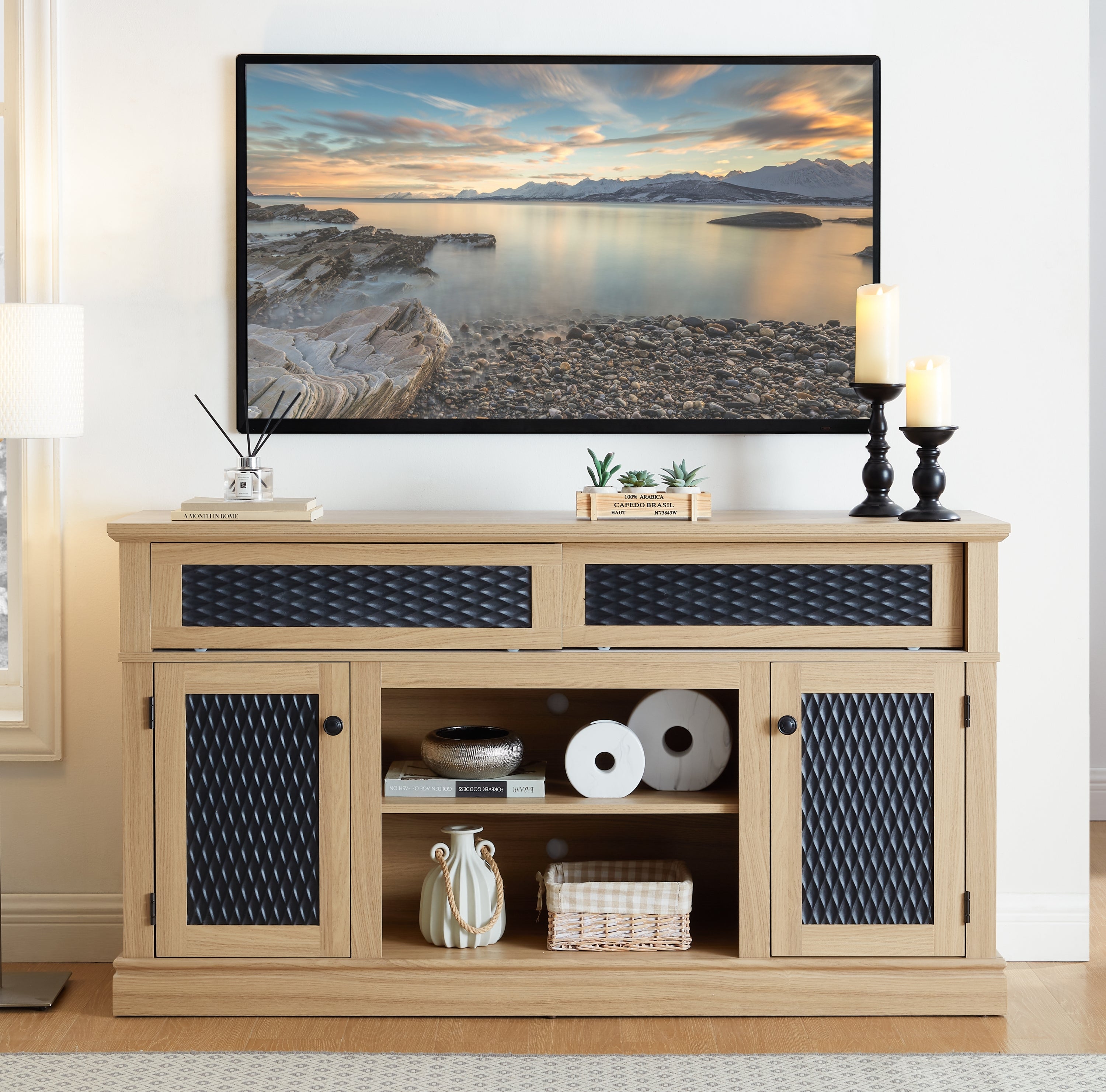 Embossed TV Stand, Light Oak Media Console, 58"