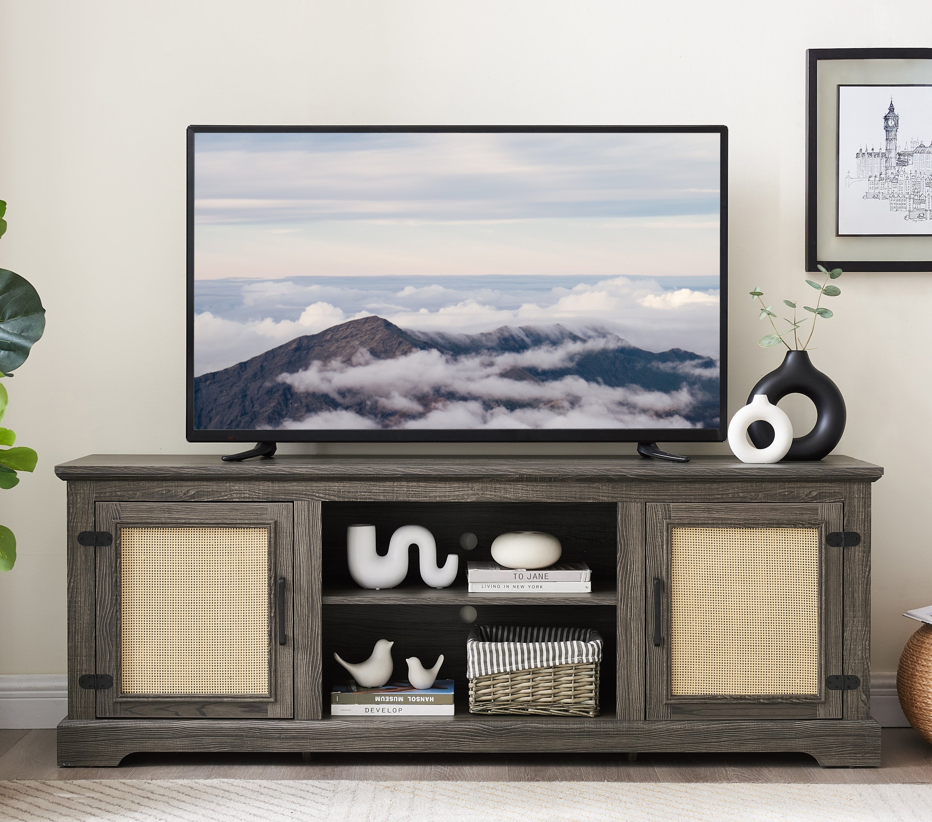 Farmhouse Rattan TV Stand for 70" TVs | Gray Console Table