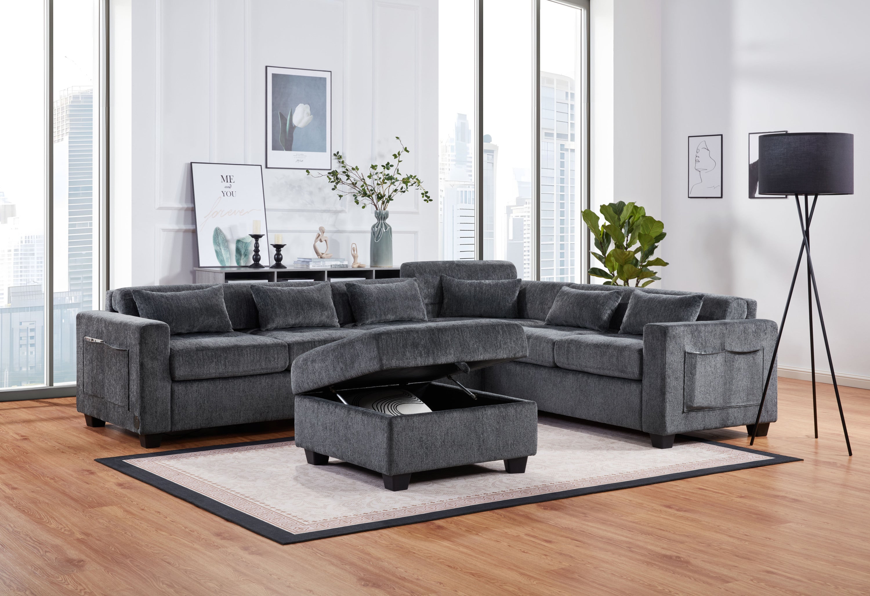 Trey Sectional Sofa: Gray Chenille, Adjustable Backrest