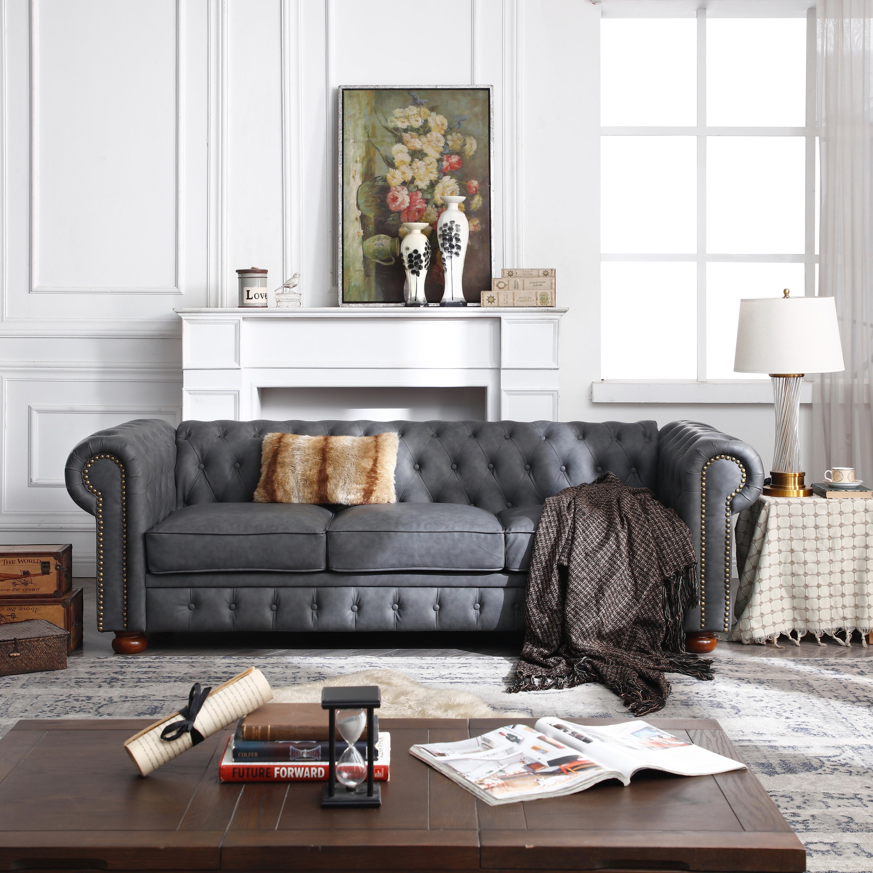 Dark Grey Faux Leather Chesterfield Sofa