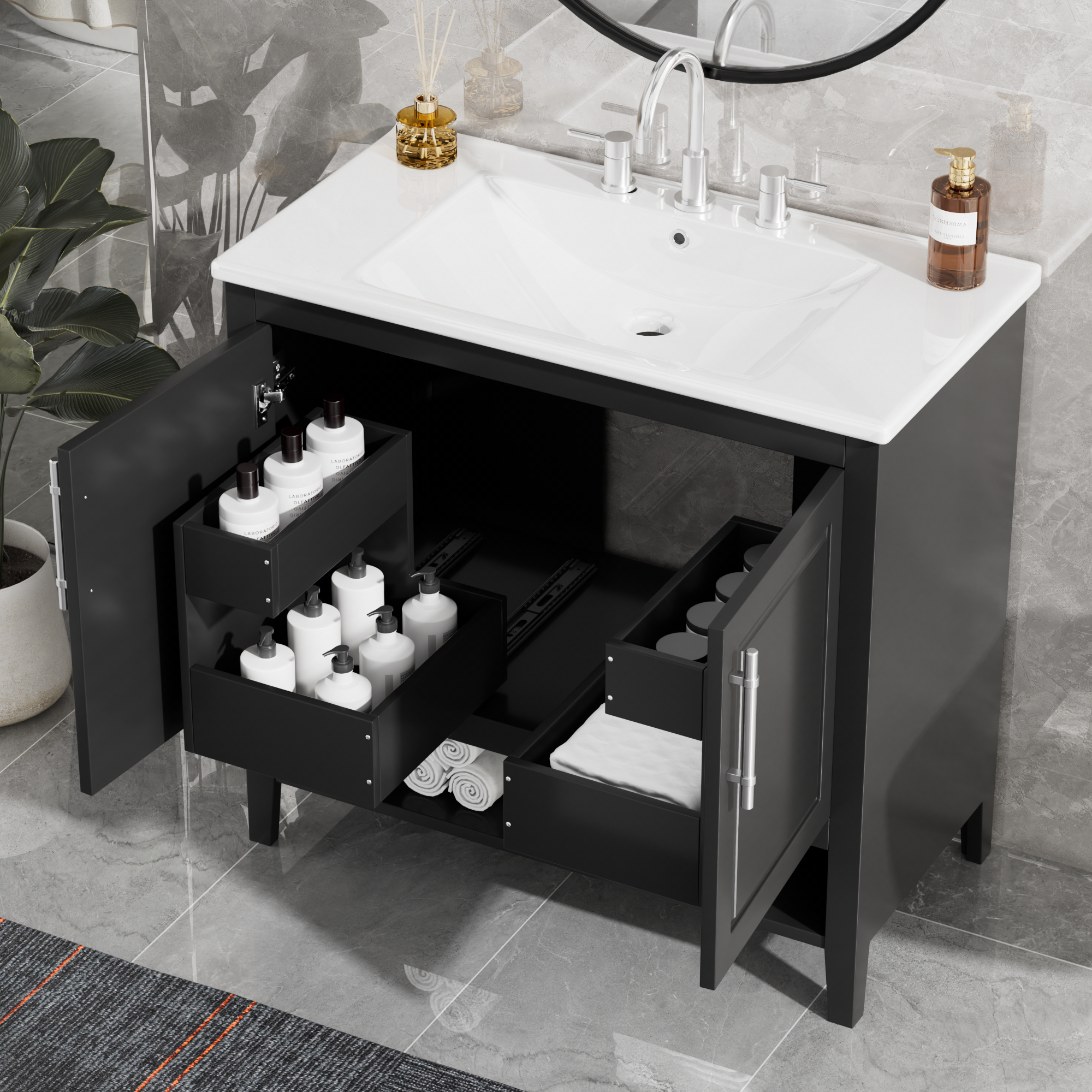 36" Black Bathroom Vanity with Sink & Storage