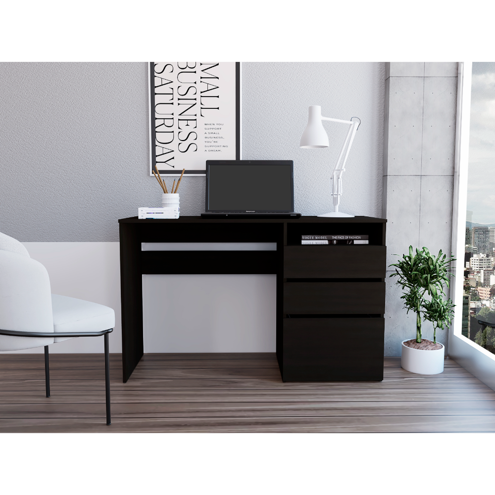 Kenai Black 3-Drawer Computer Desk with Shelf