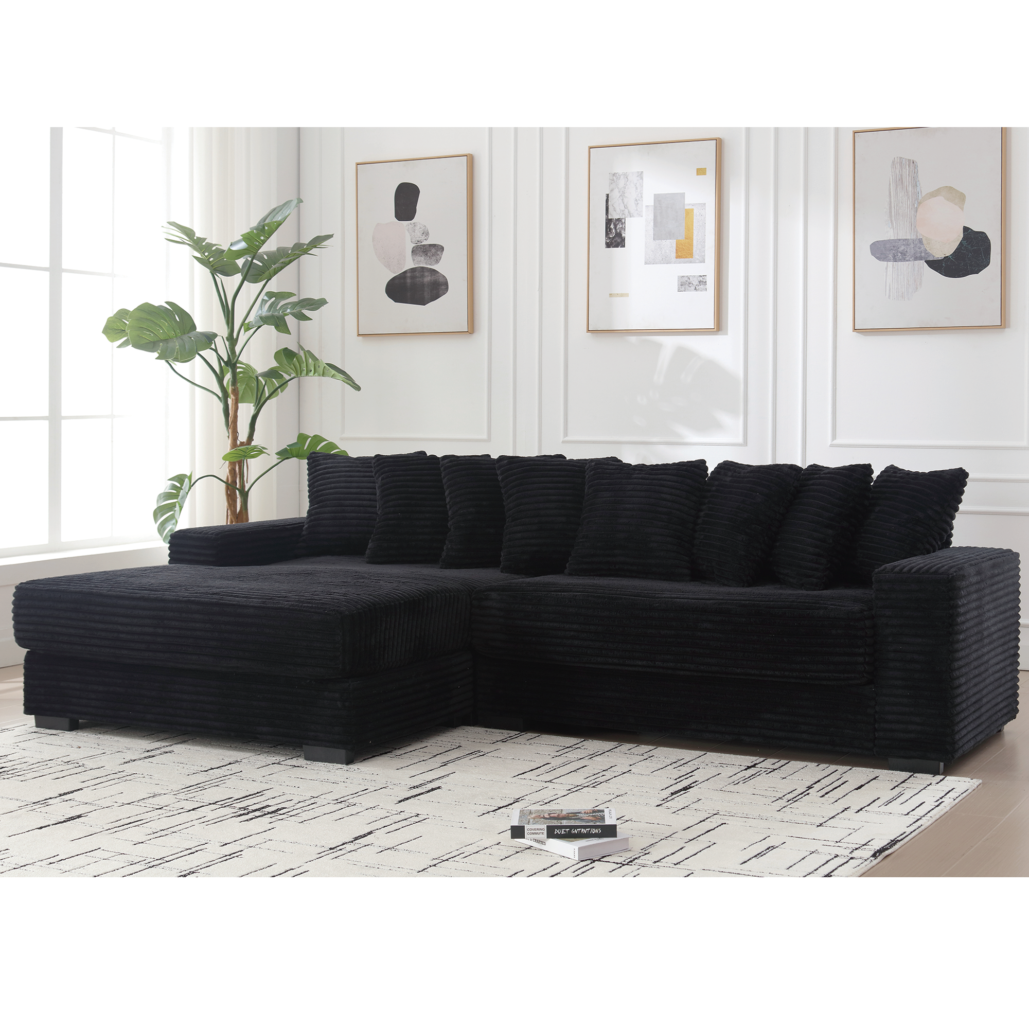 Oversized Corduroy L-Shaped Sofa w/ Chaise & Pillows - Black