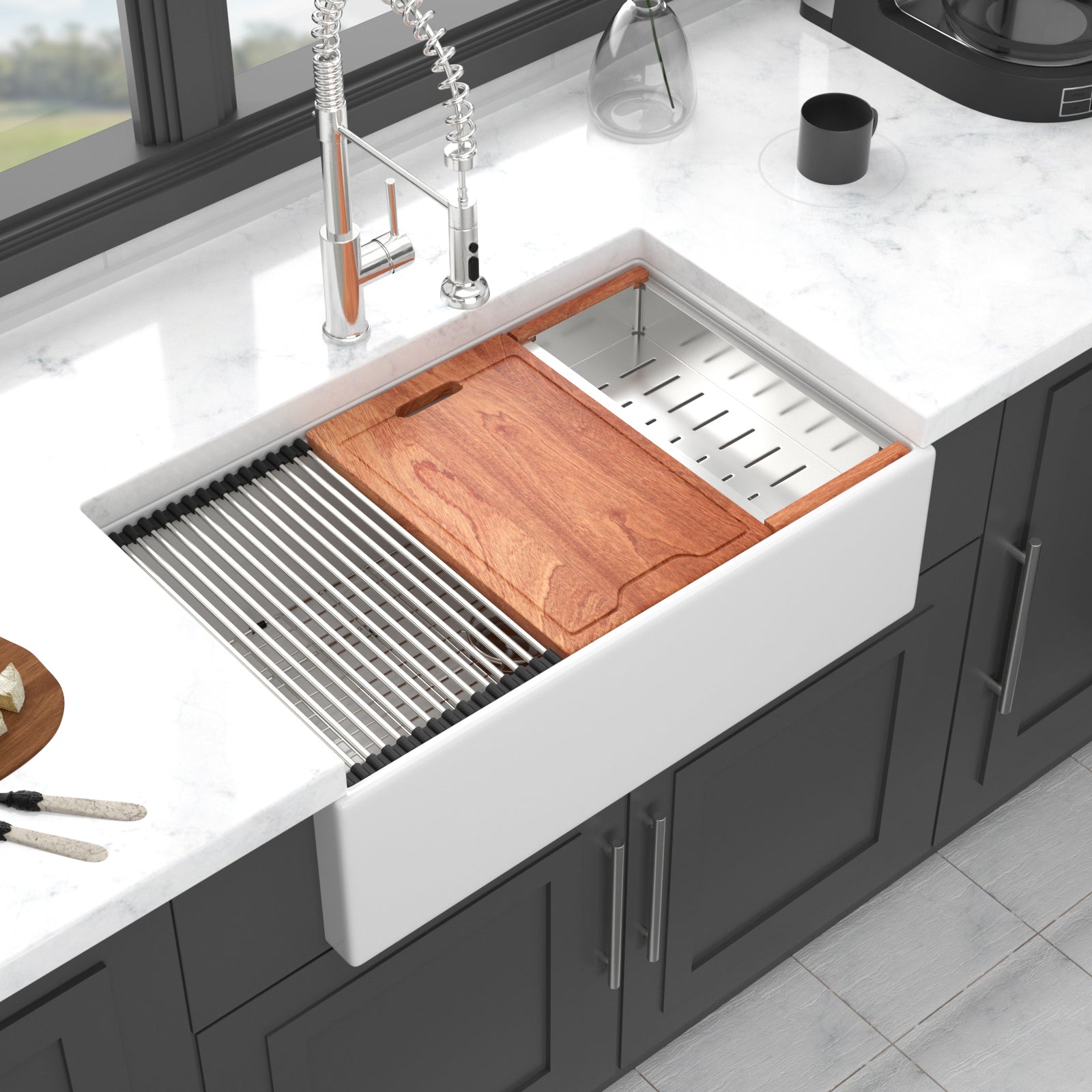 30x20" White Farmhouse Sink: Ceramic Workstation