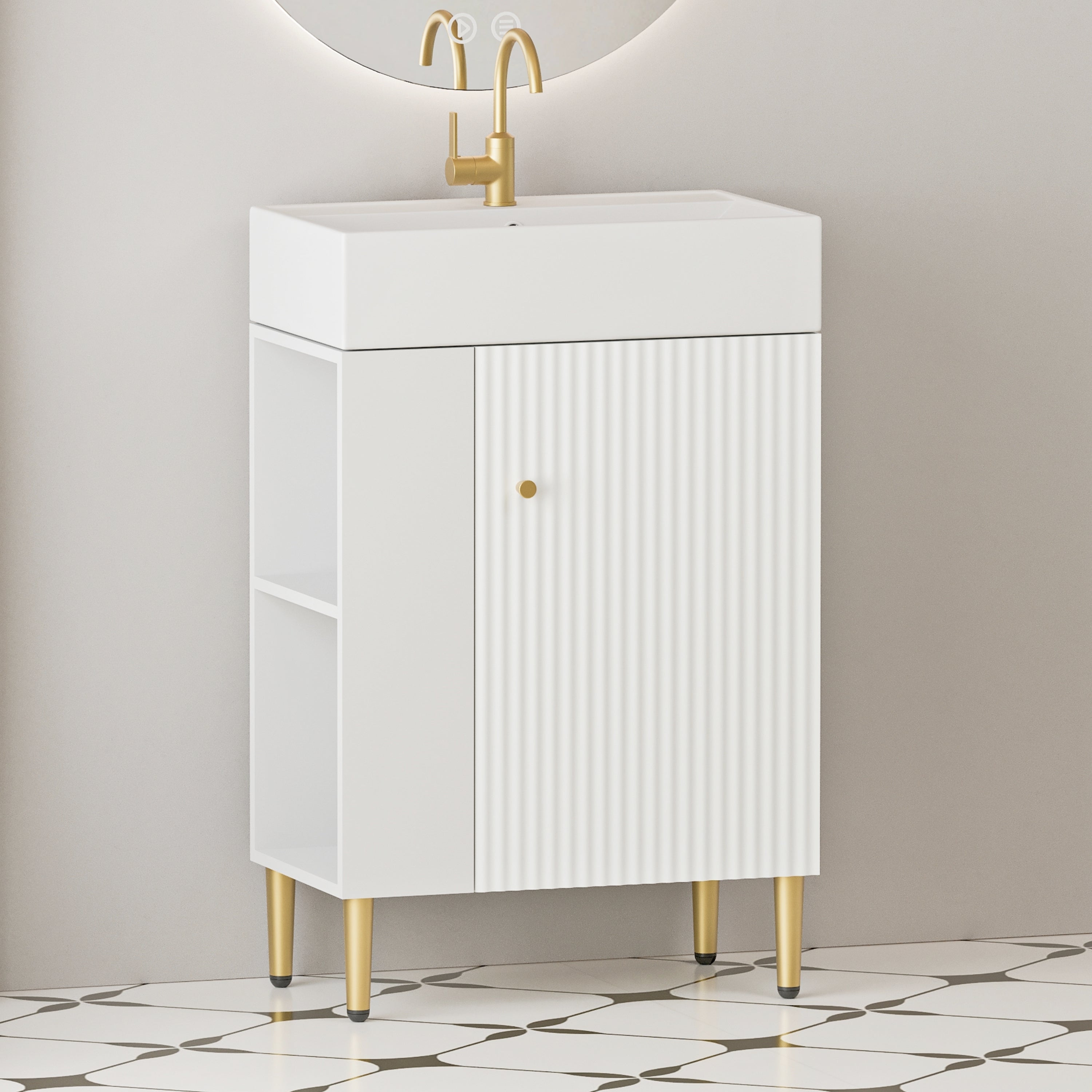 White Bathroom Vanity with Open Shelving & Sink