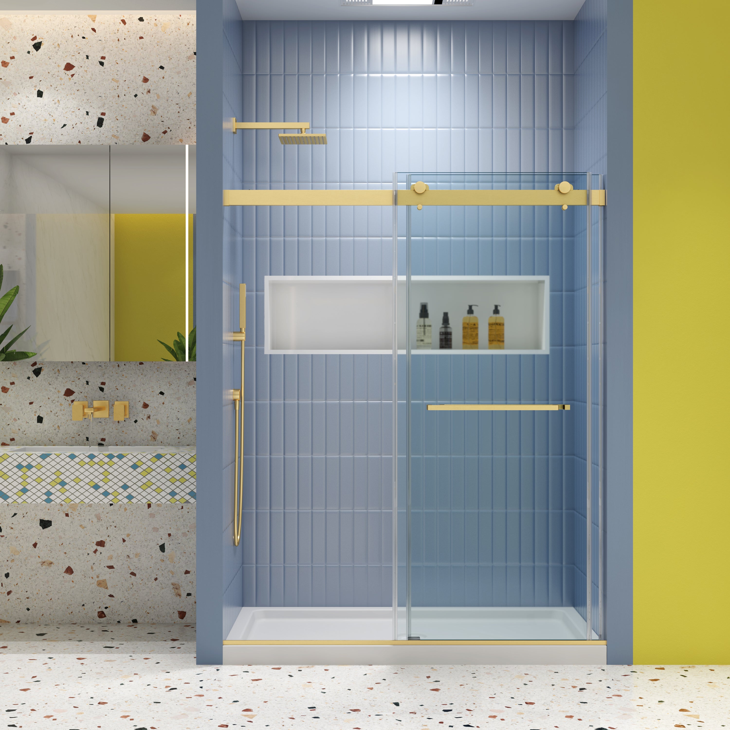 Bypass Shower Door: 5/16" Tempered Glass, Brushed Gold