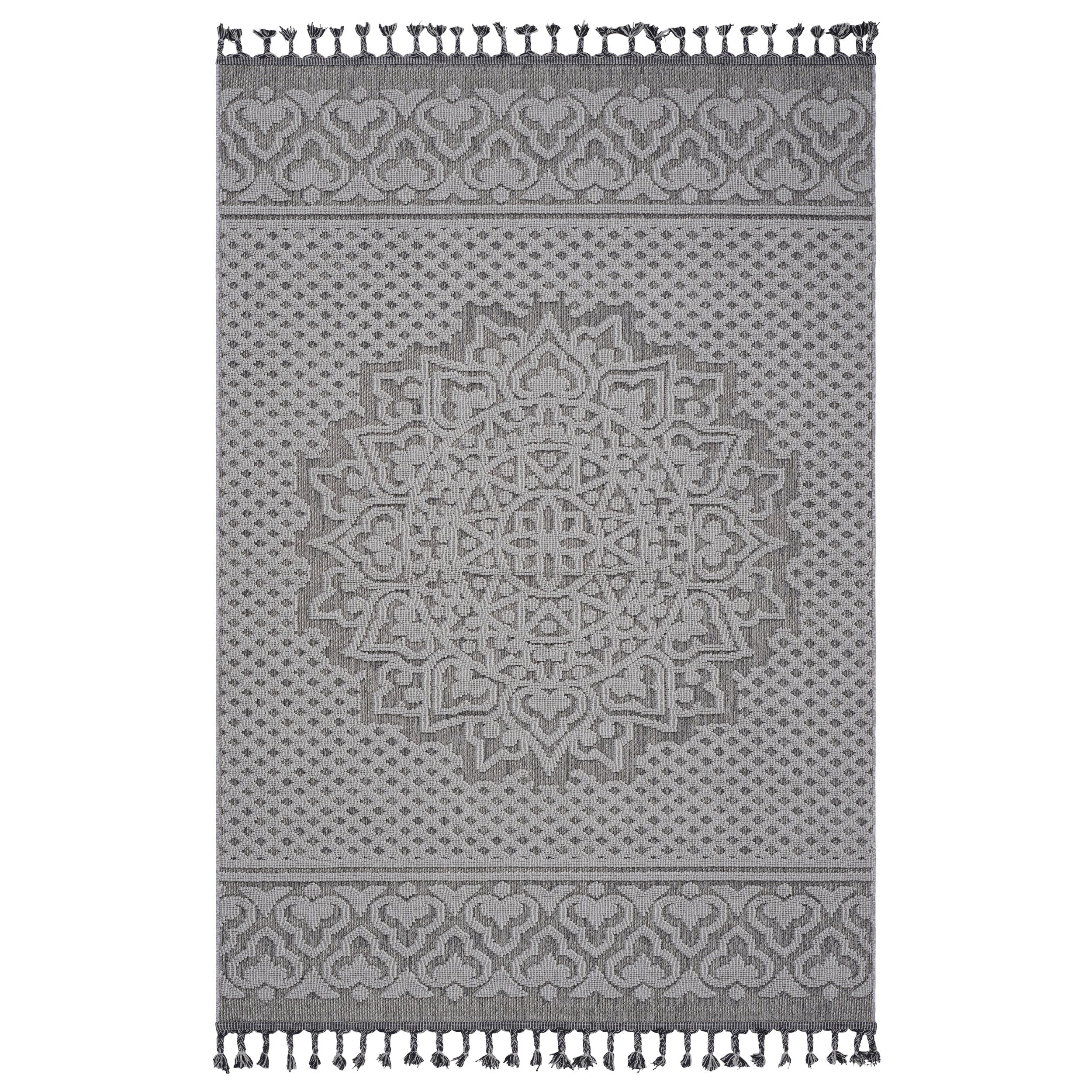 5x7 Gray/White Medallion Rug: Indoor/Outdoor