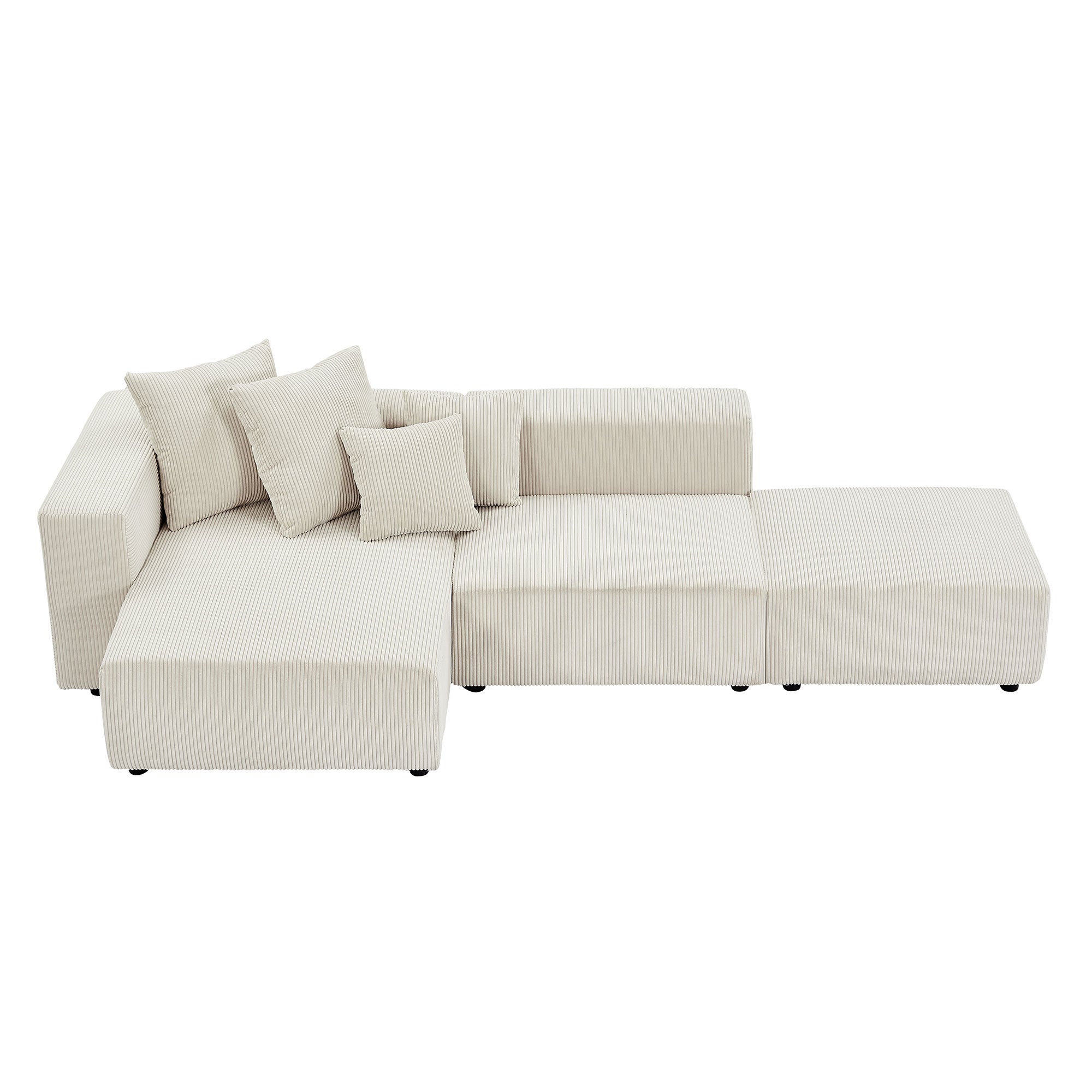 Corduroy Sectional Sofa Set, Small L-Shape Chaise Couch, Beige