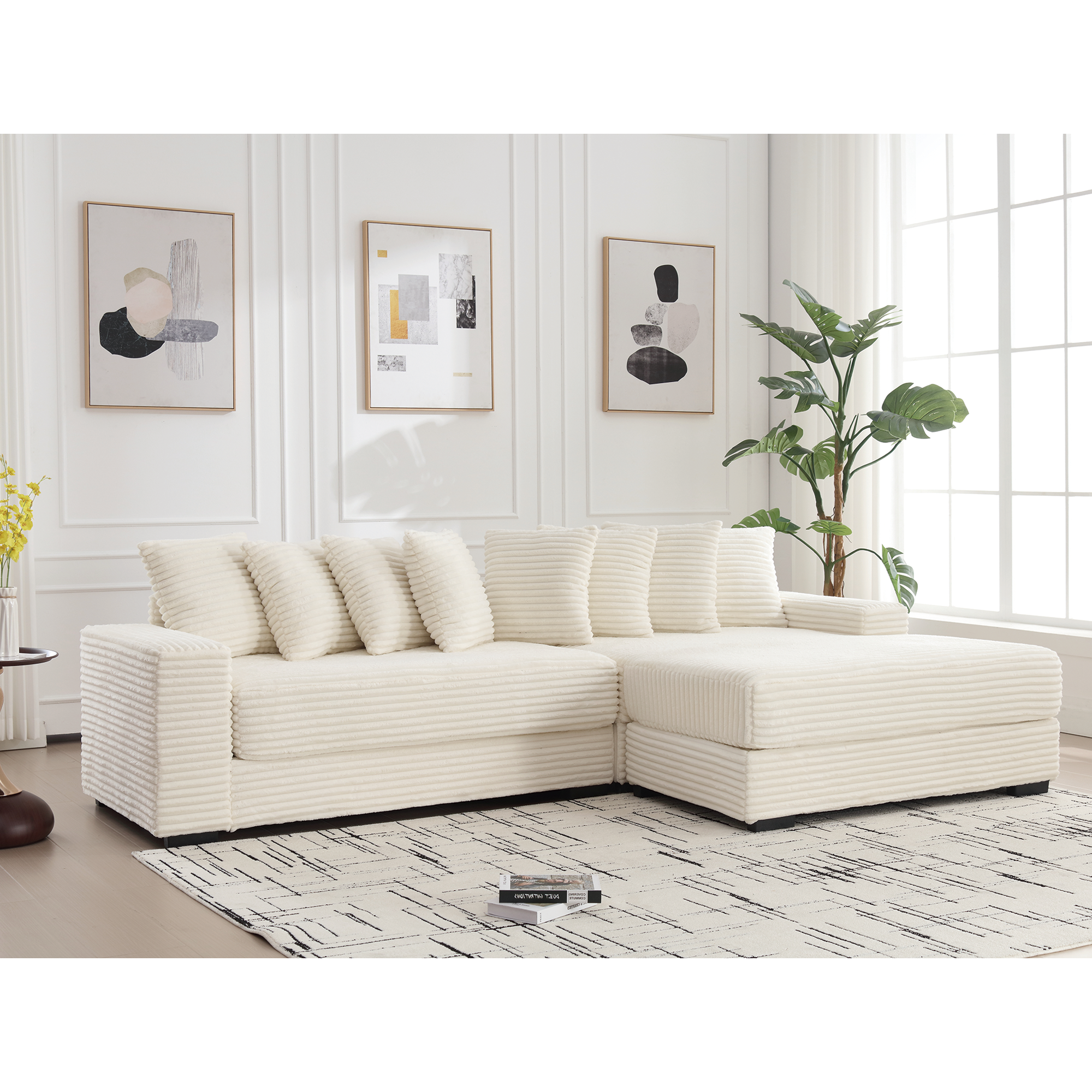 Oversized Corduroy L-Shaped Sofa w/ Chaise & Pillows - Beige