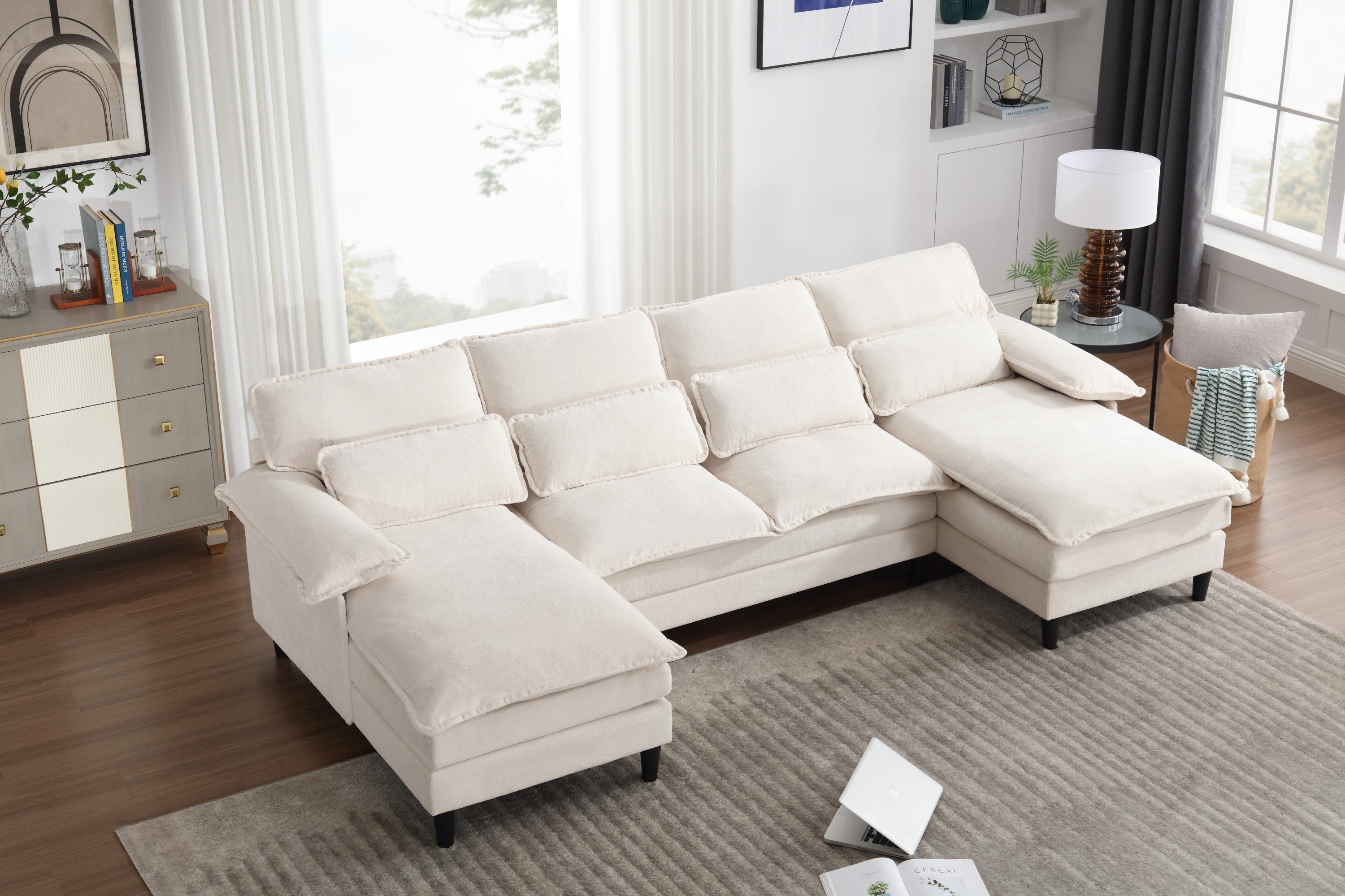U-Shaped Modular Sectional Sofa, Beige Terrycloth Couch