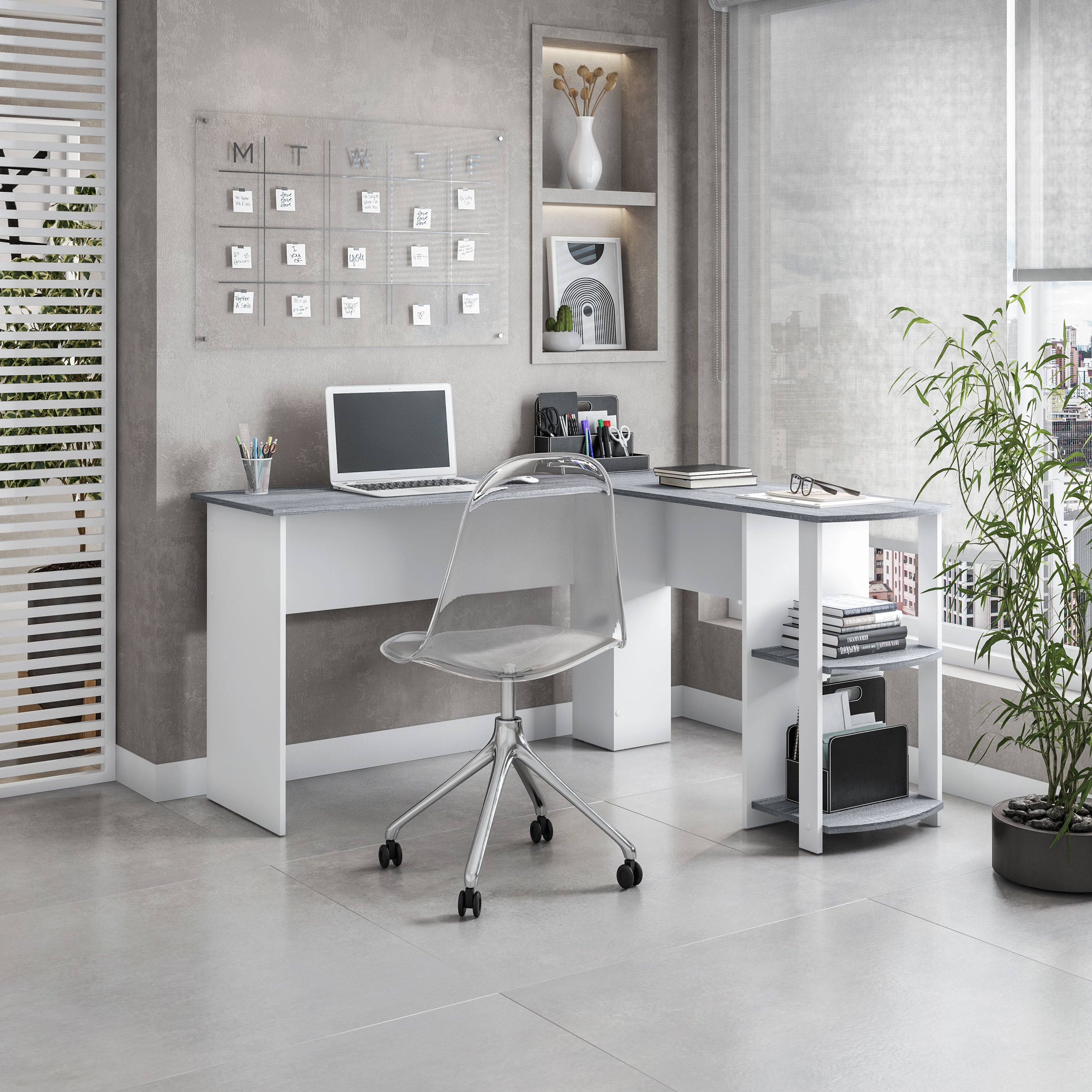 Modern L-Shaped Desk w/ Side Shelves, Grey
