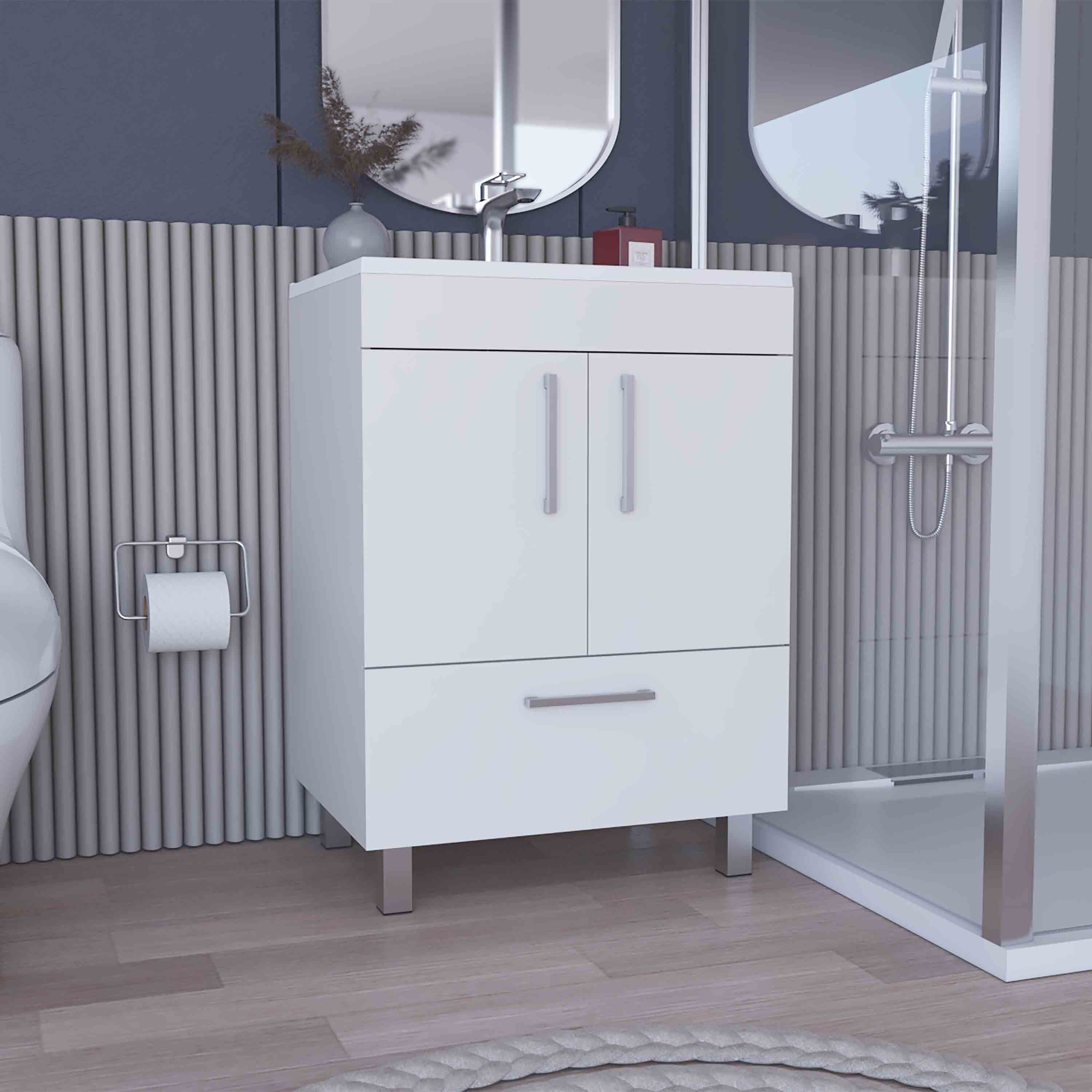 White Velloc Bathroom Vanity: Double Door, 1 Drawer