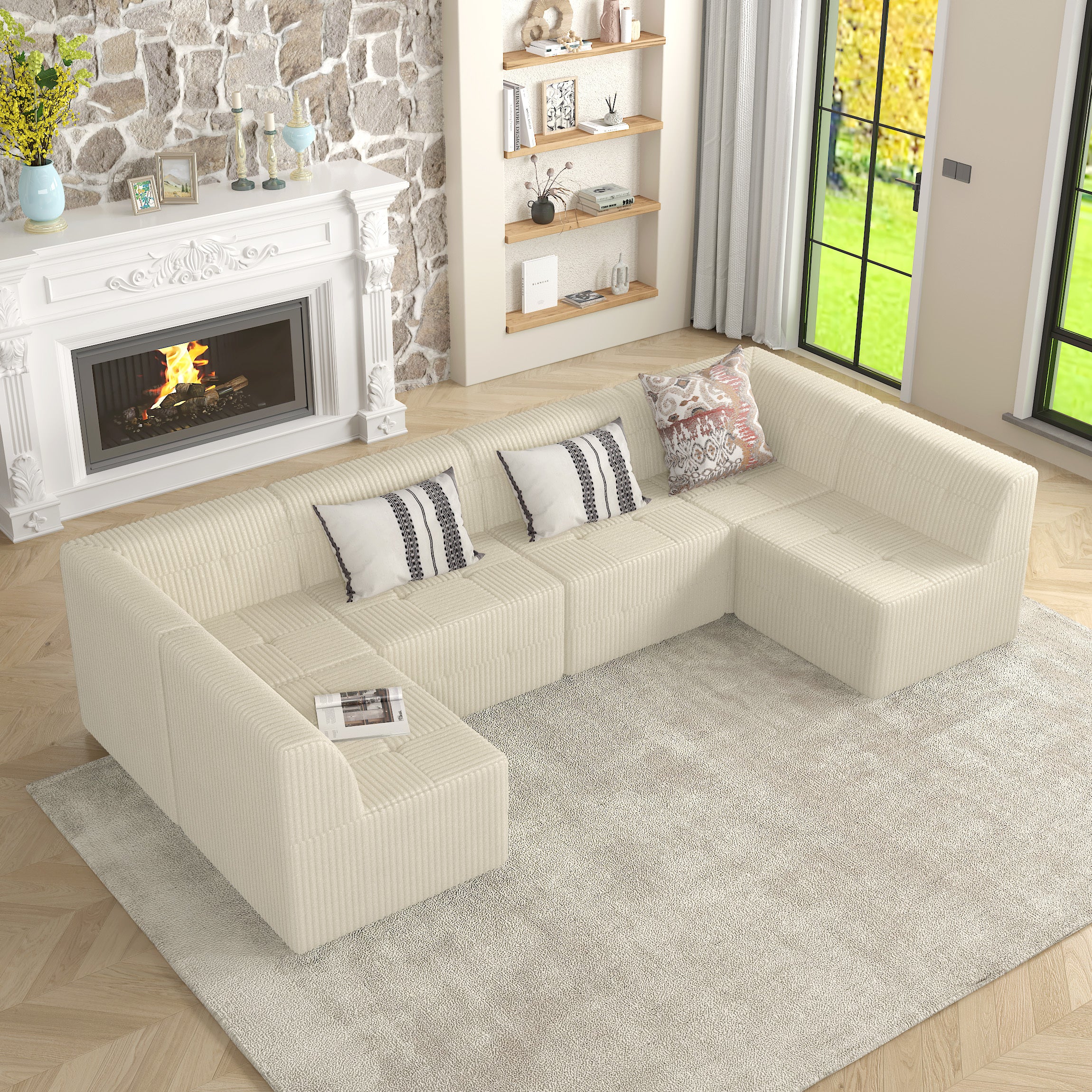 U-Shaped Modular Sectional Sofa: Beige Corduroy