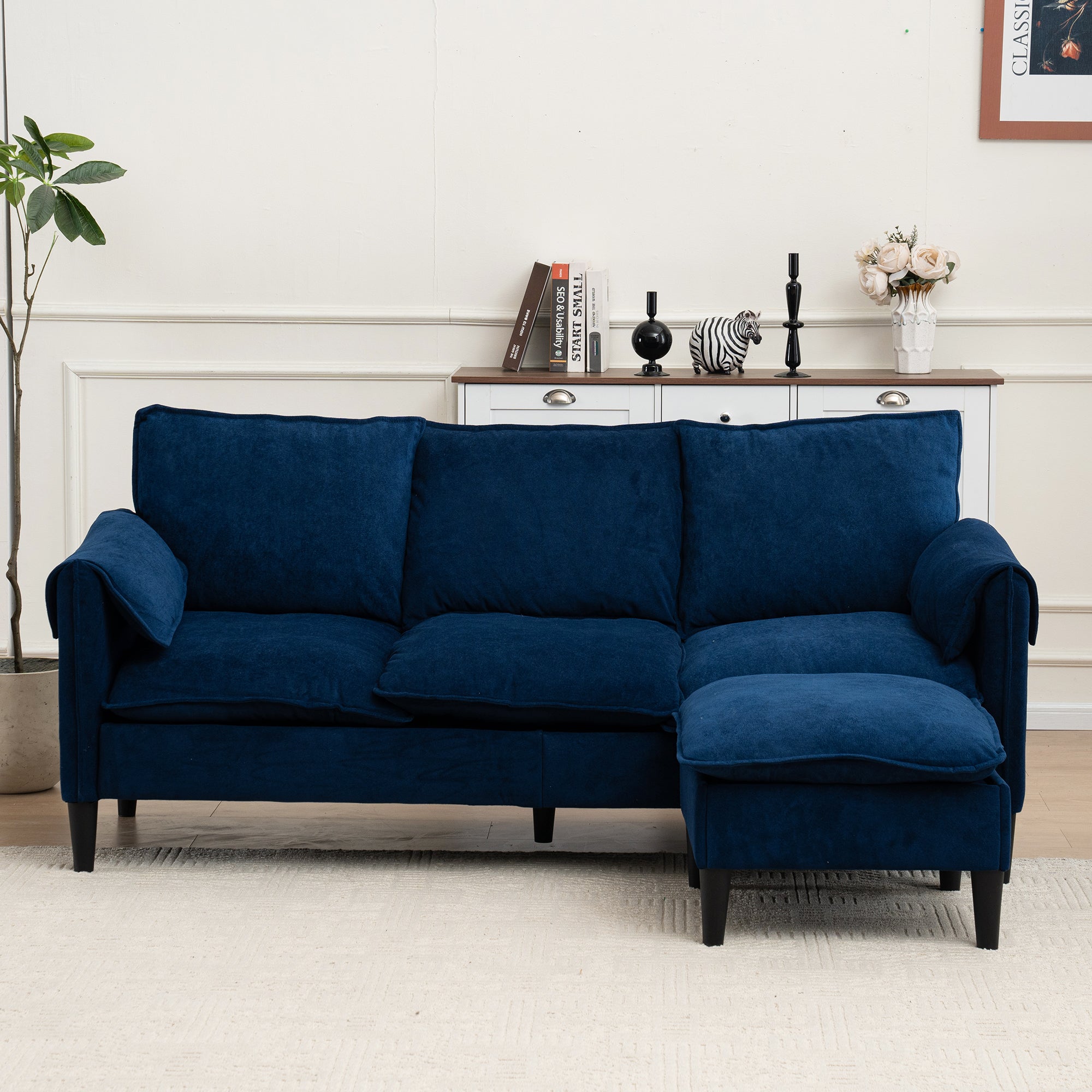 Blue Convertible Sofa & Footstools w/Storage