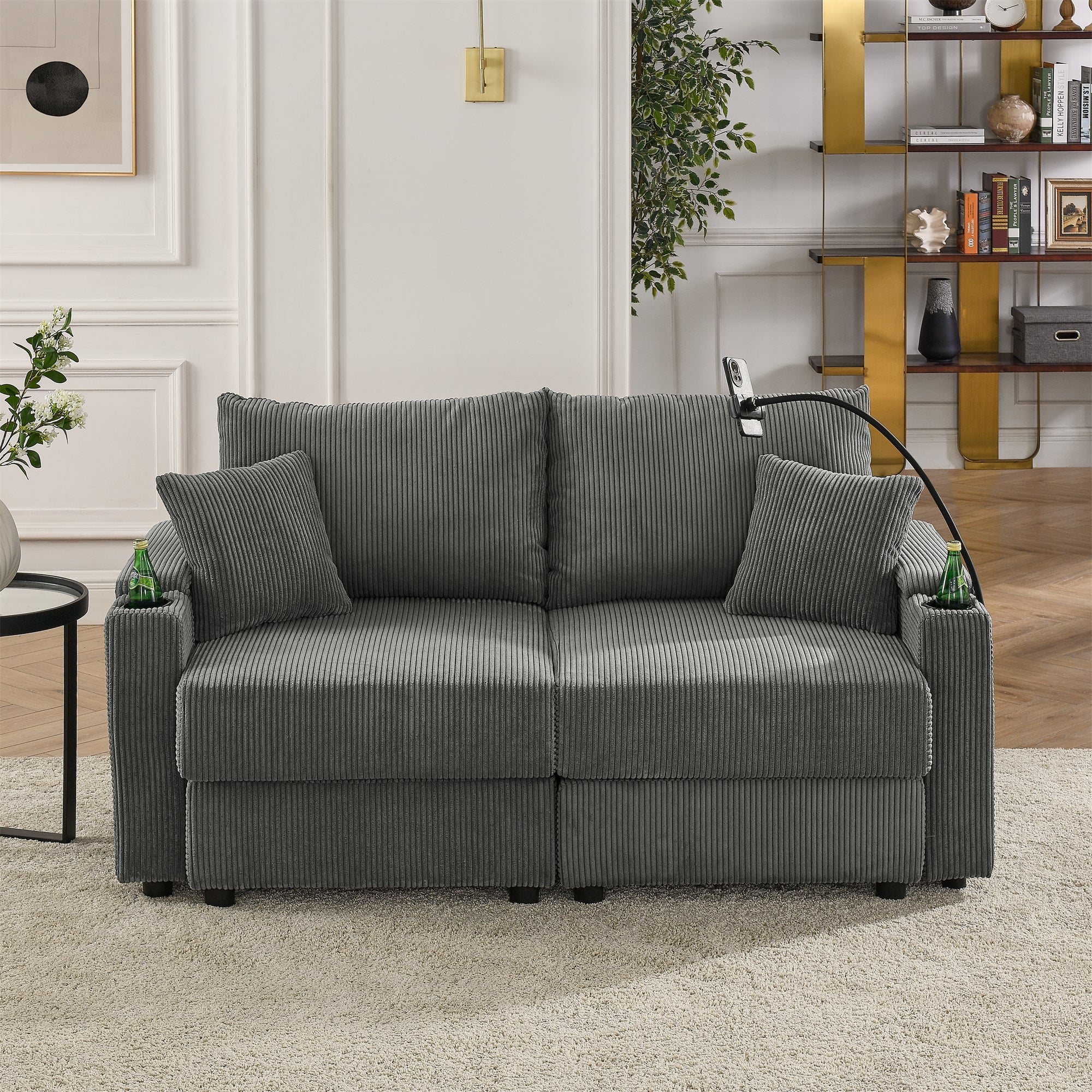 Modern Beige Corduroy Loveseat with Storage