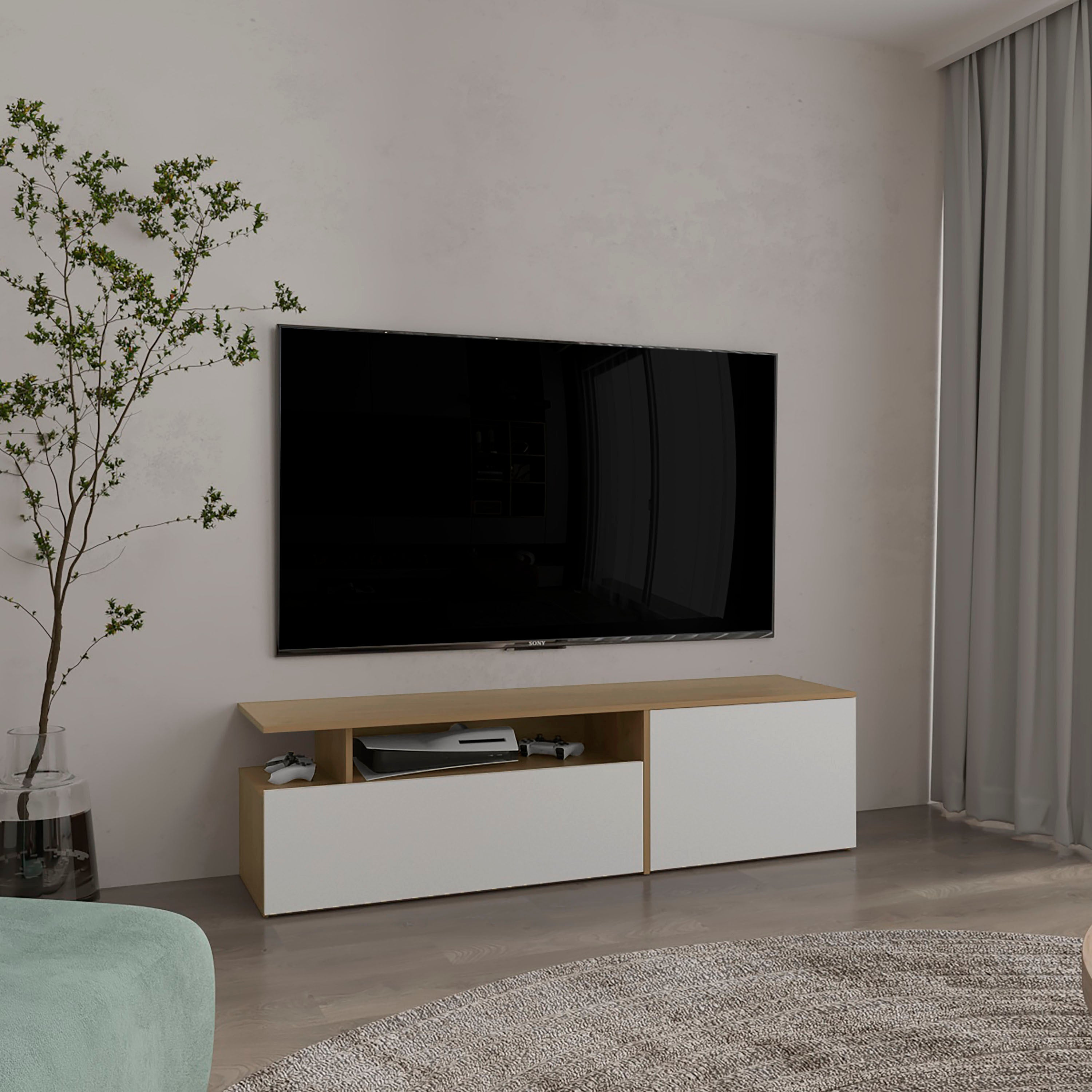 Selma 63" TV Stand w/ Cabinets & Shelves - Oak/White