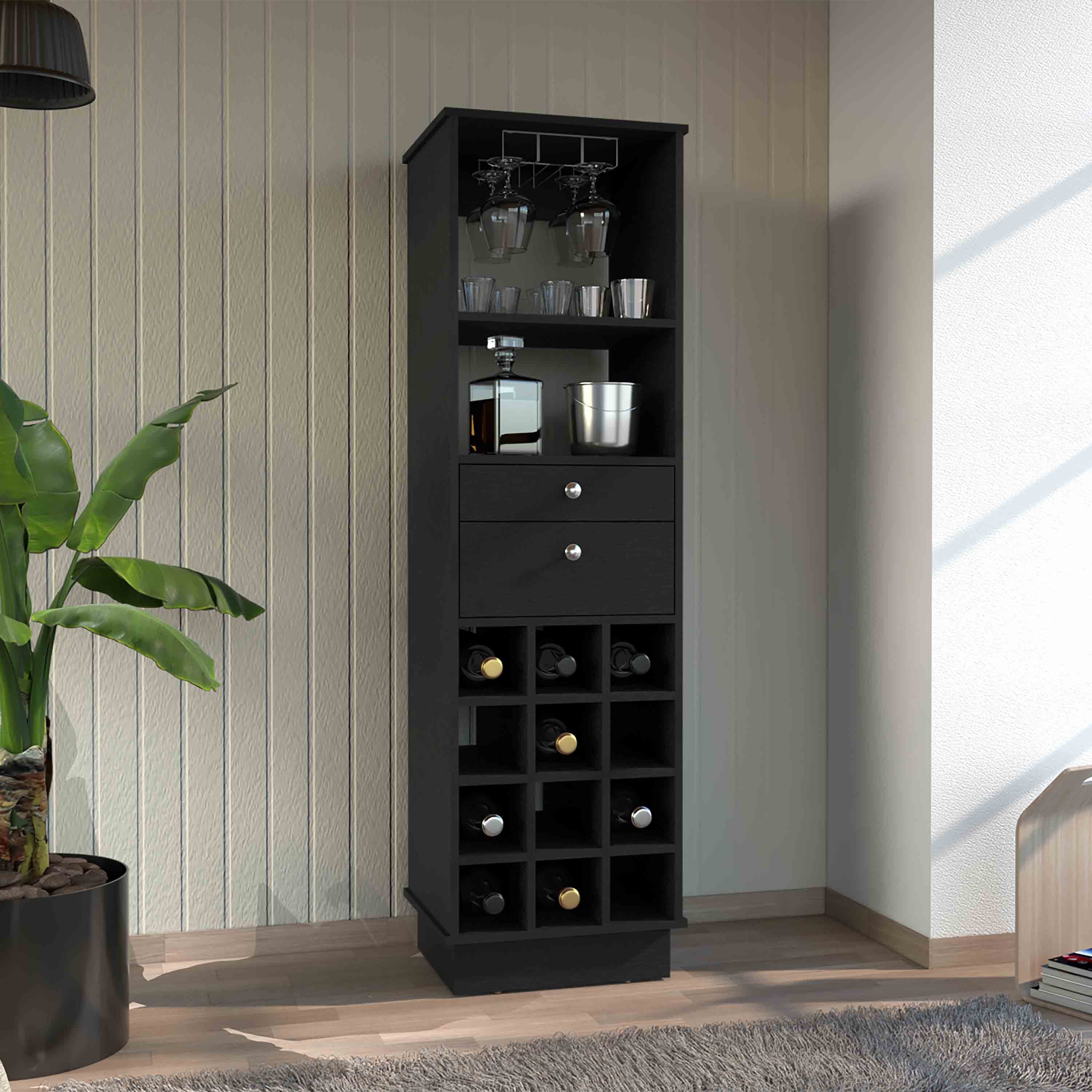Black Classic Bar Cabinet: 2 Drawers, 12 Wine Bottles
