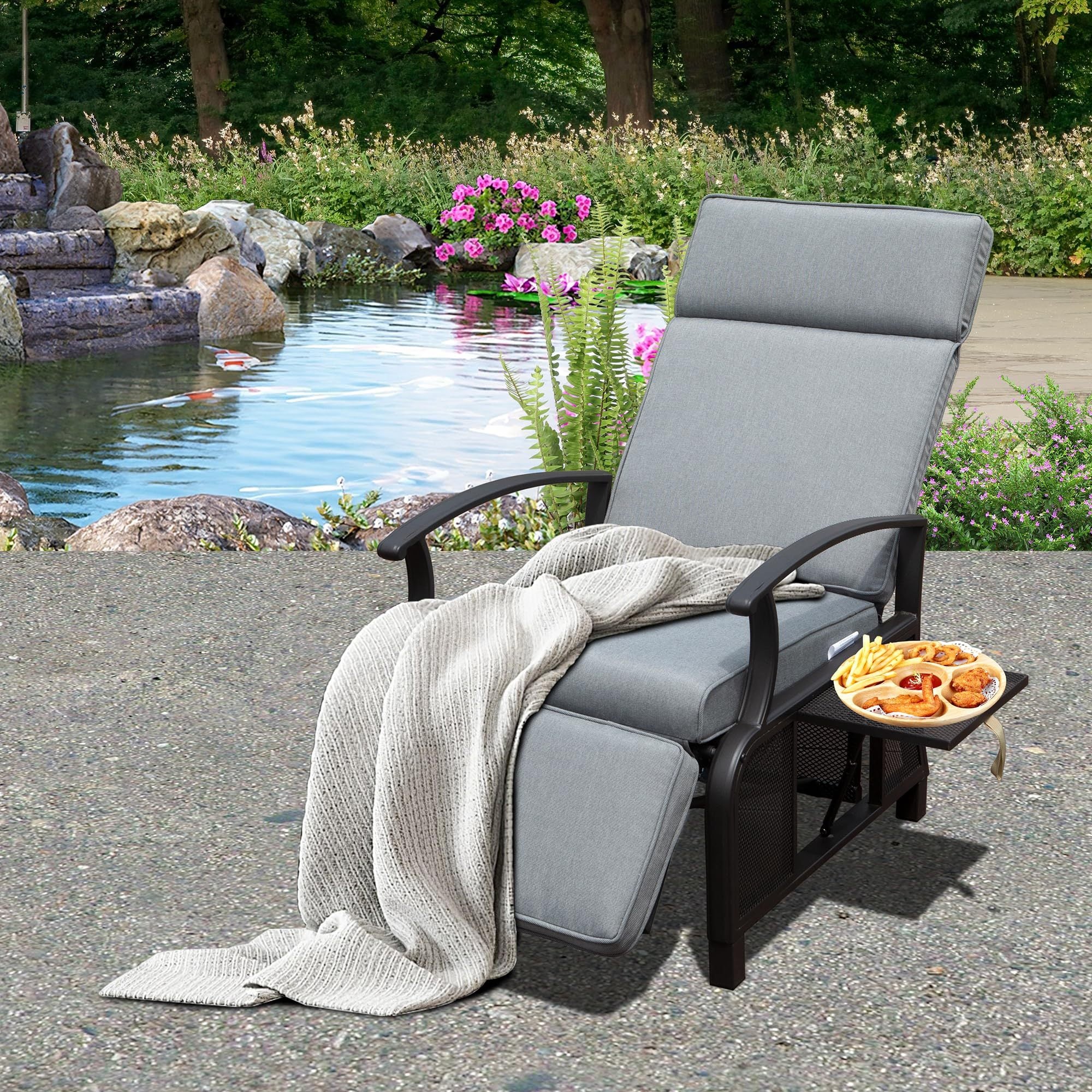 Patio Recliner Chair: Metal, Adjustable, w/Table